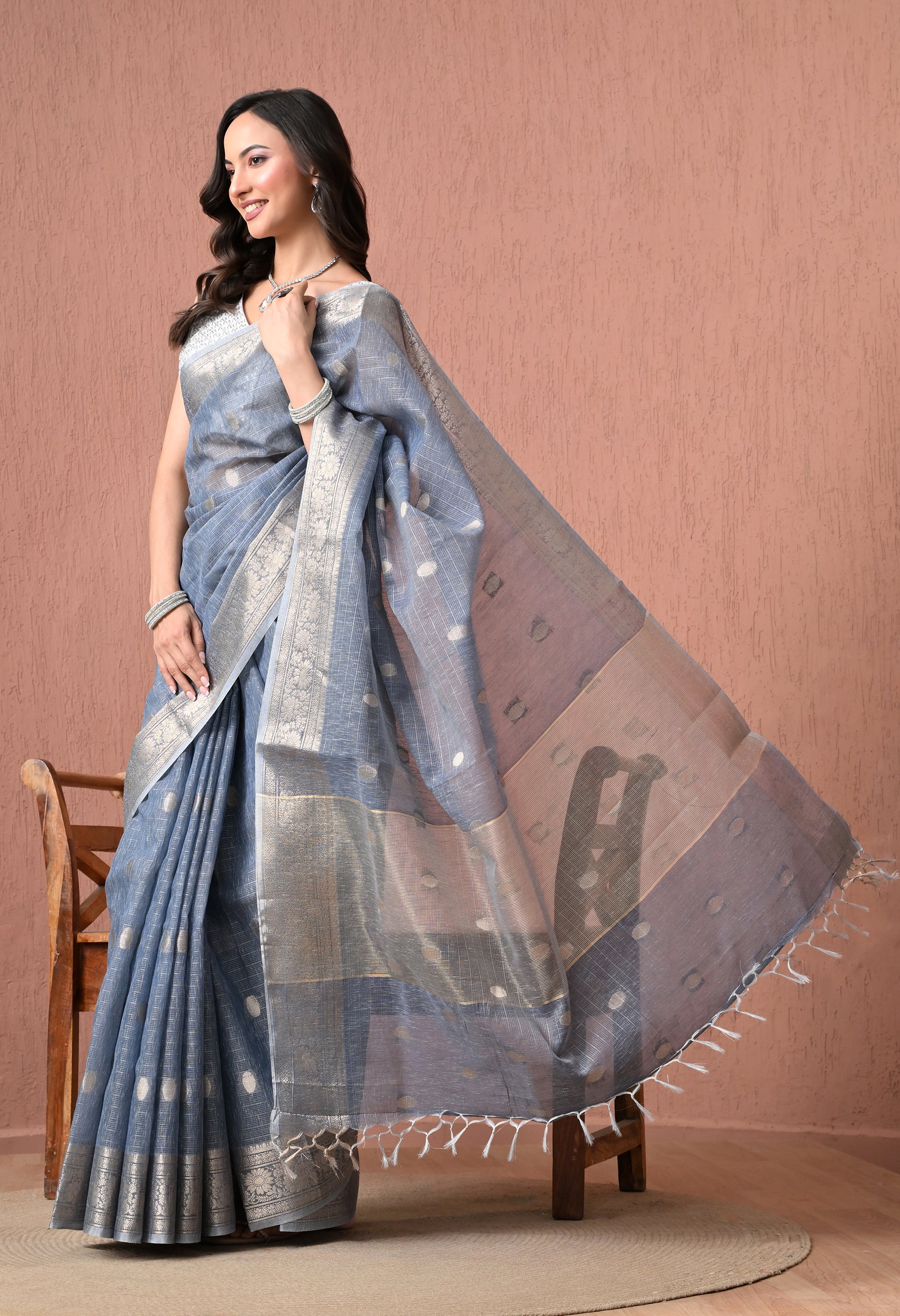 Elegant Steel Blue Cotton Saree with Silver Zari Border