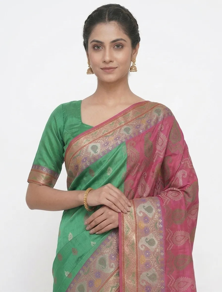 Women Green & Magenta Woven Design Banarasi Art Silk Saree