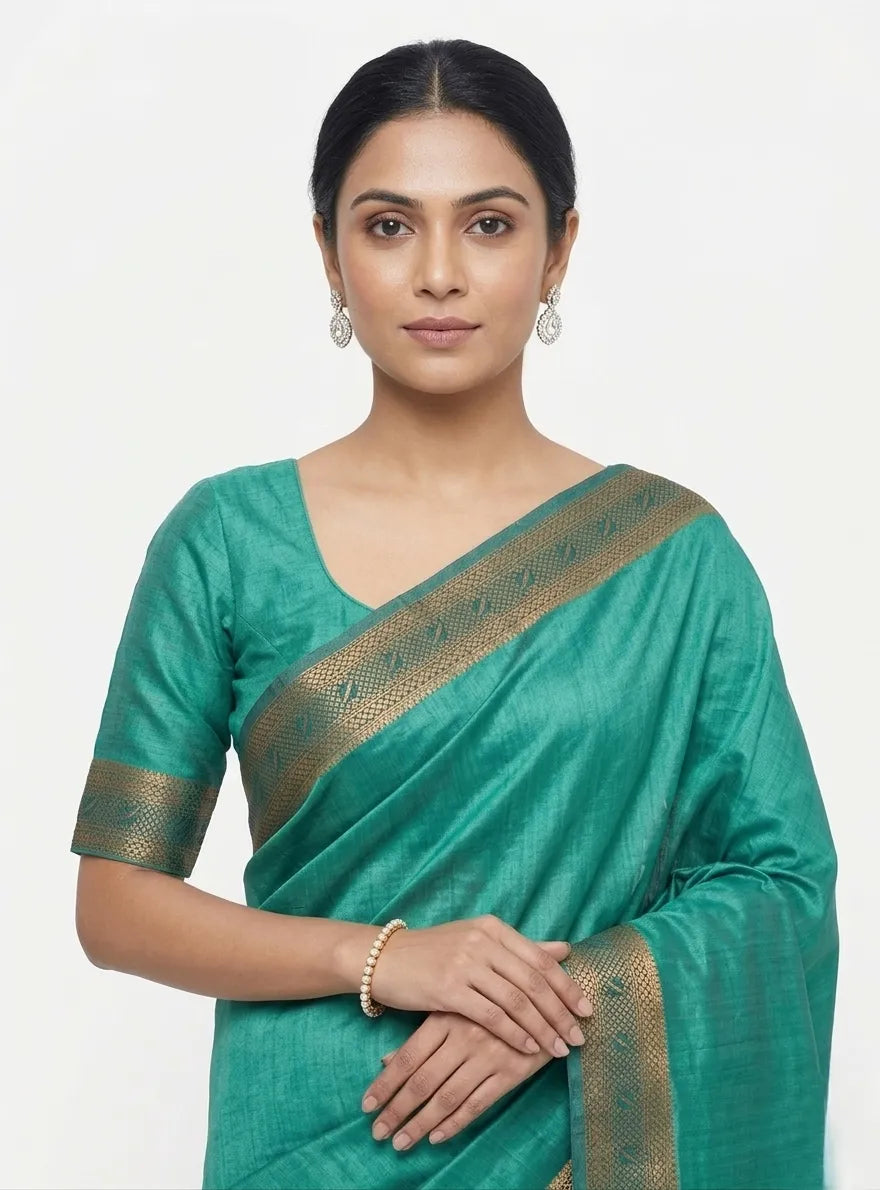Vibrant Teal Silk Blend Saree with Gold Zari Border