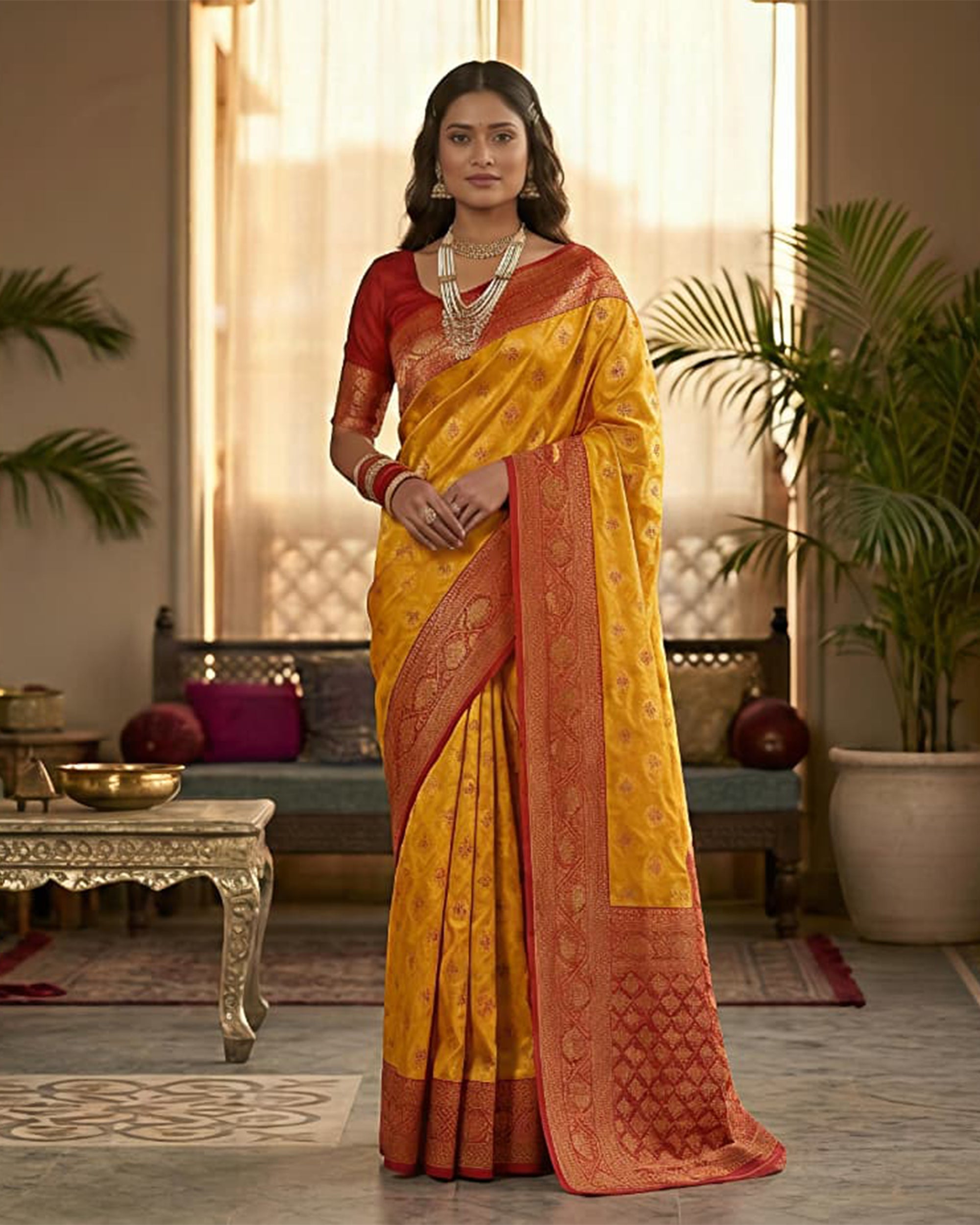 Mustard Yellow & Red Woven Design Art Silk Kanjeevaram Style Saree