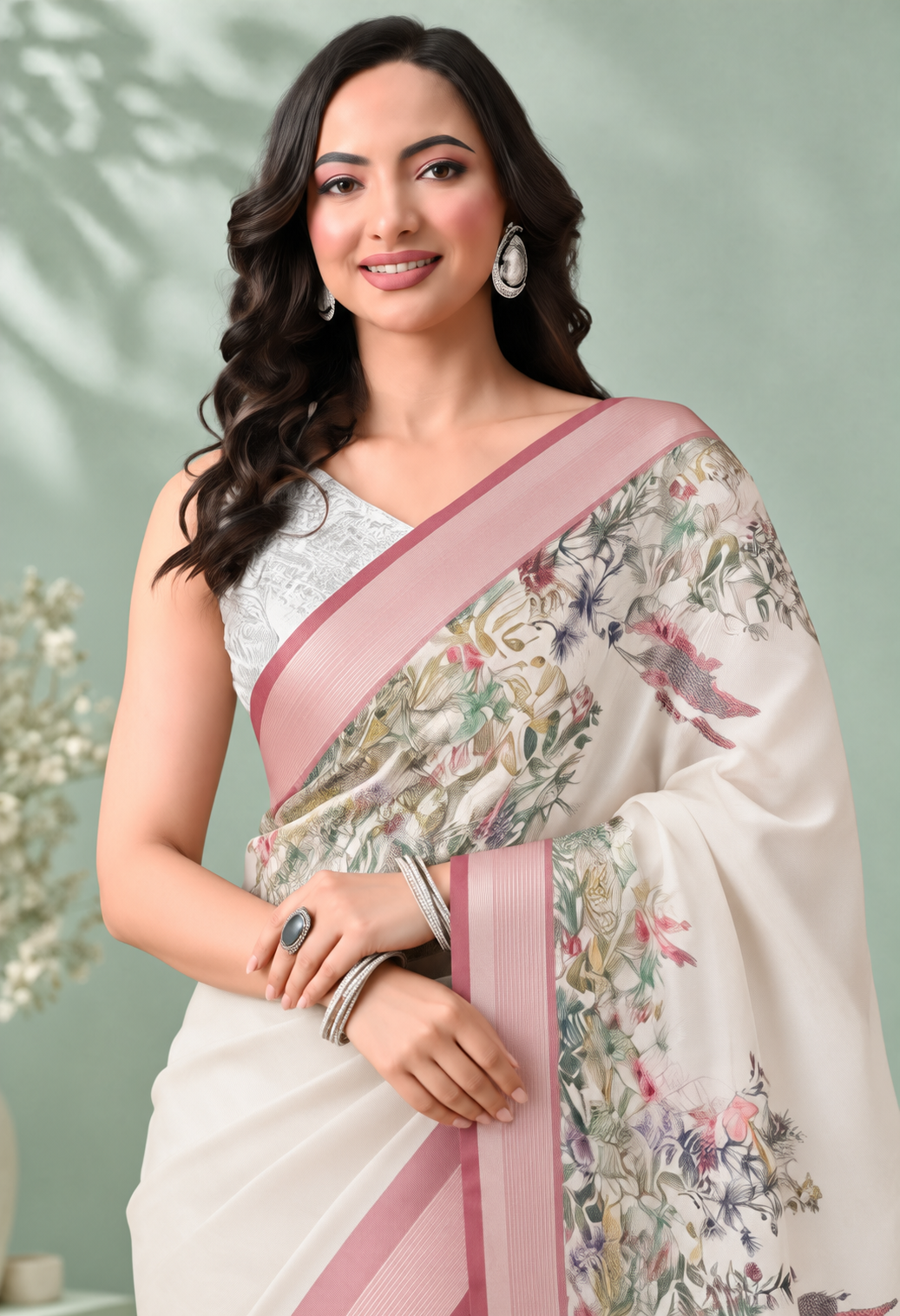 Elegant Ivory Floral Printed Saree with Blush Pink Border & Pallu
