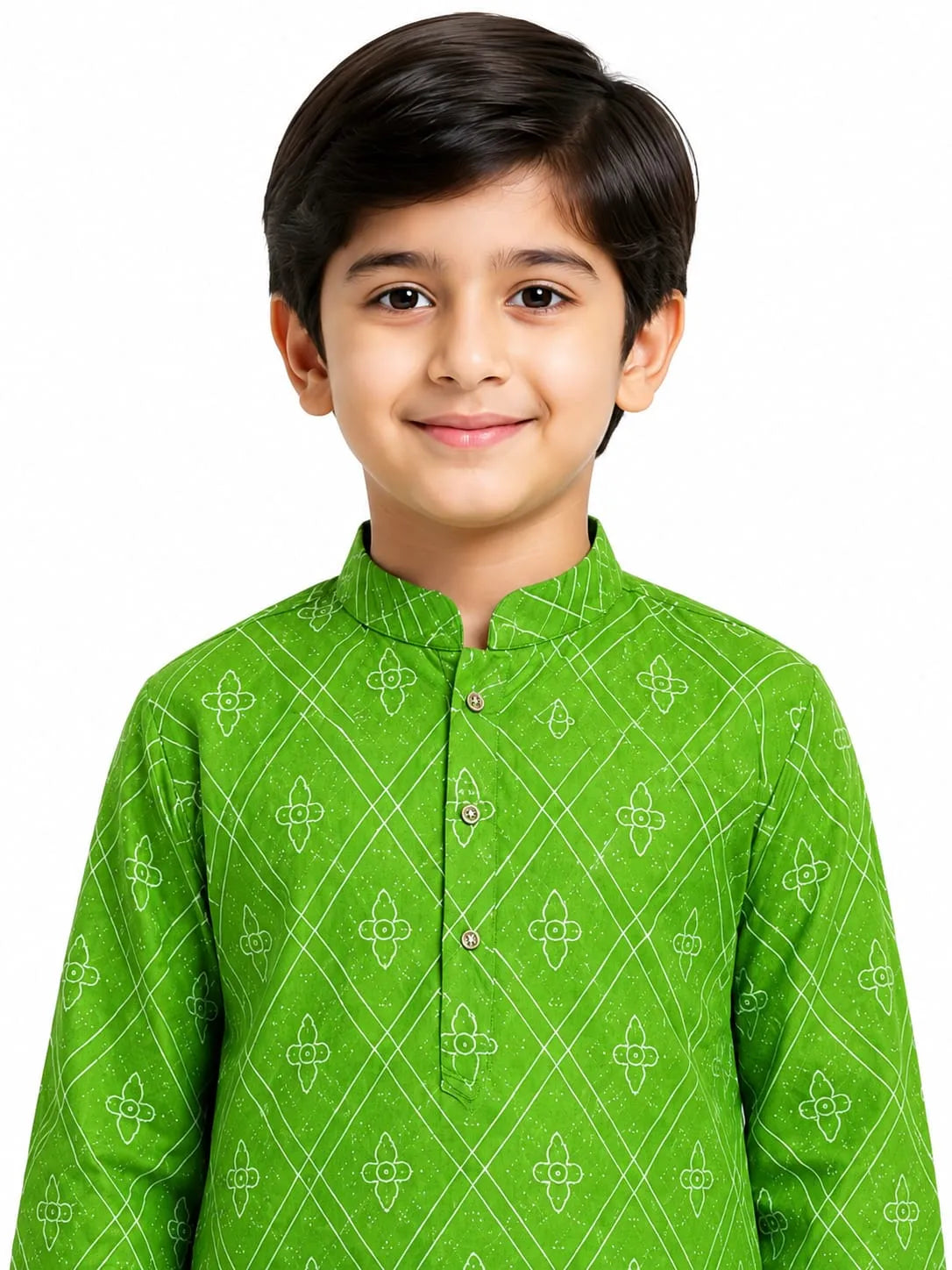 Boys Green & White Geometric Print Pure Cotton Kurta with Pyjamas