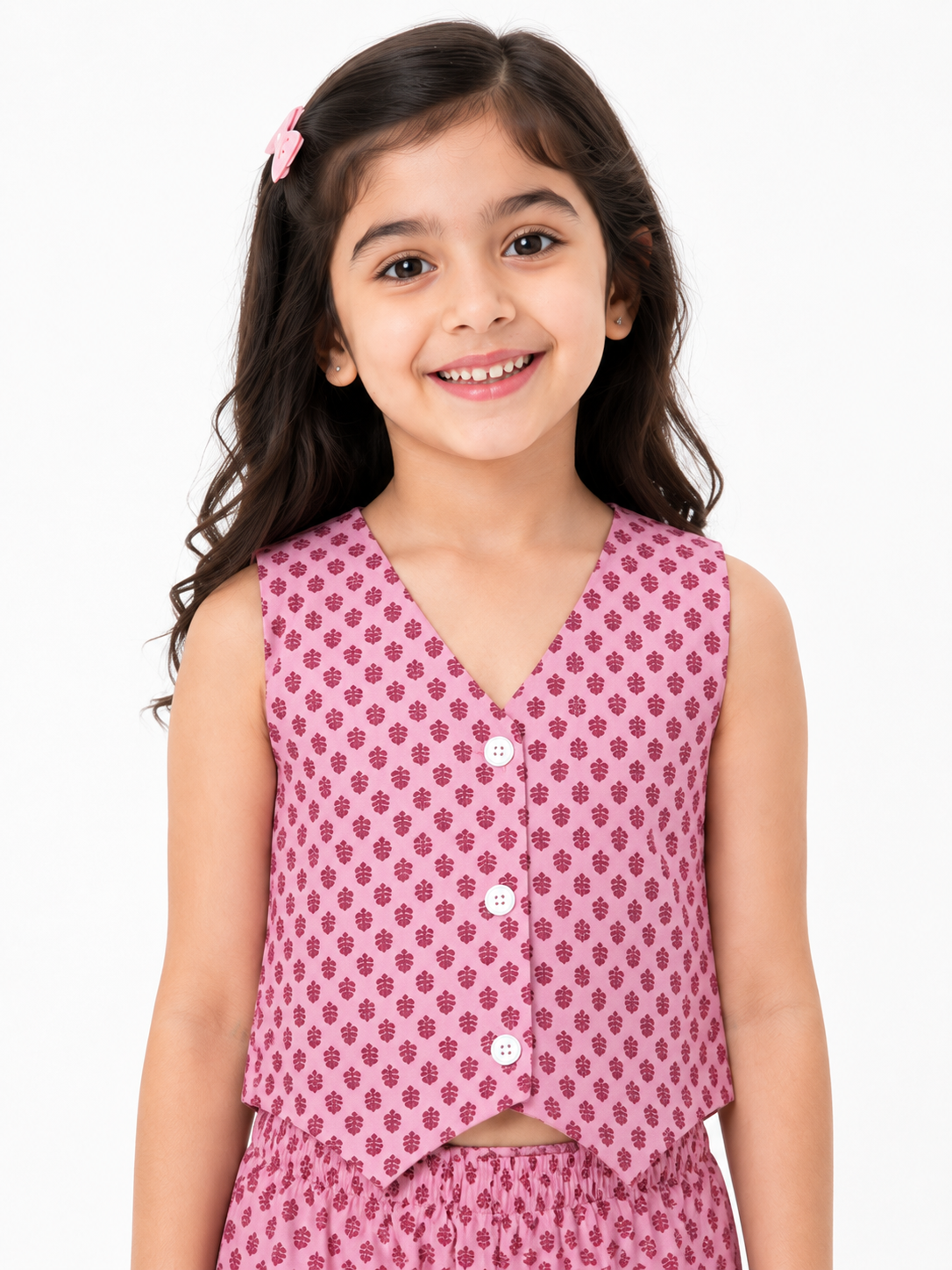 Girls Pure Cotton Tiny Motif Printed Vest Style Crop Top and Wide-Leg Trousers Co-Ord Set