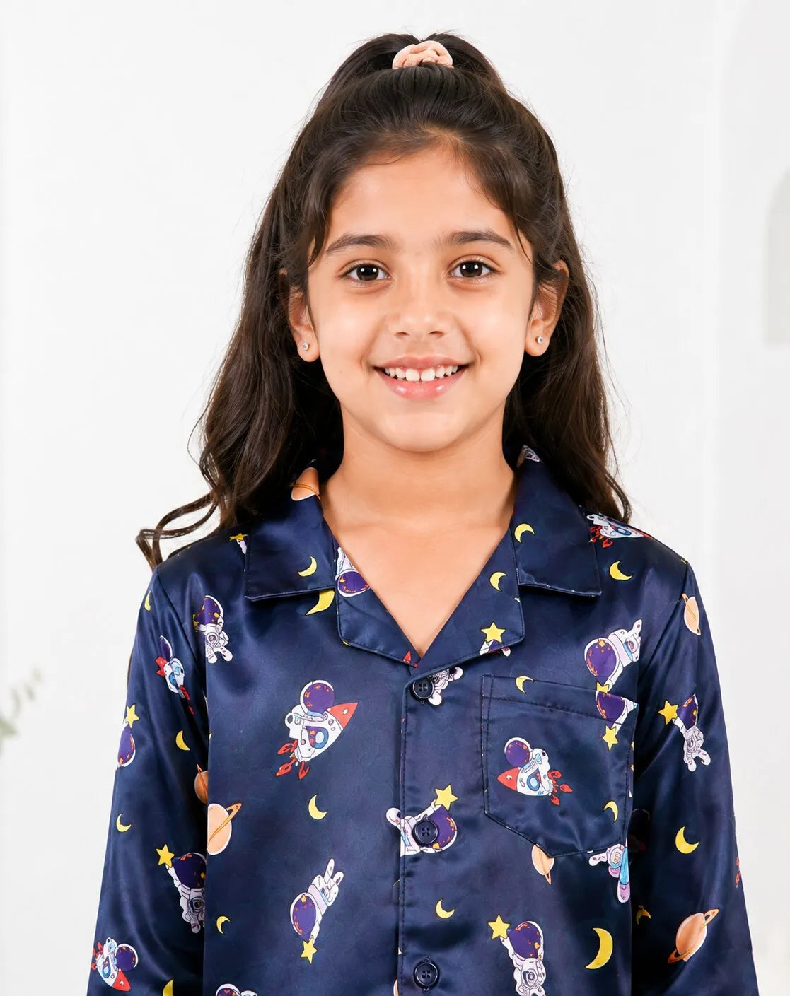 Girls  Navy Blue & Multi Satin Space Print Nightsuit Set