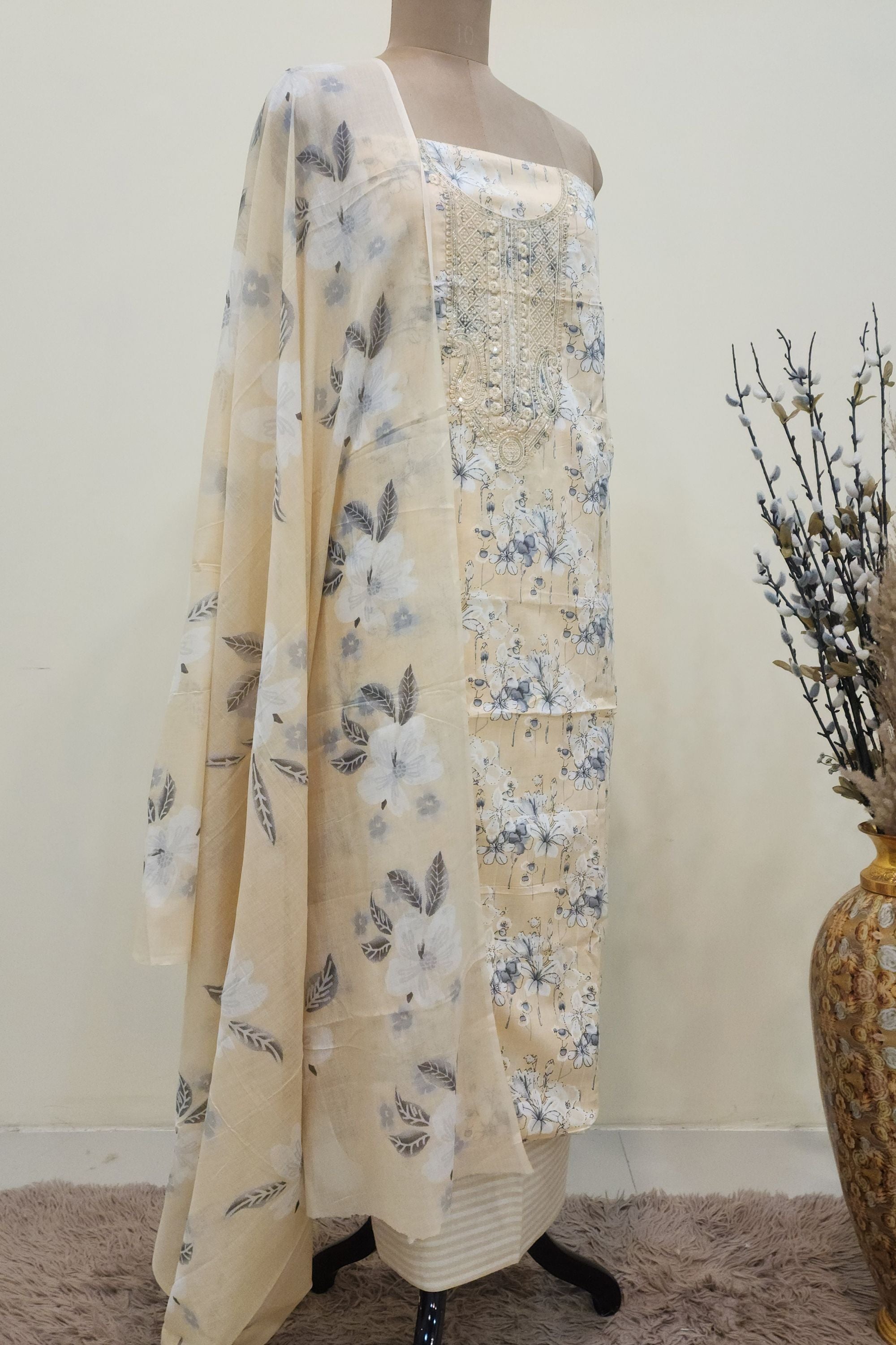 Women's Pure Cotton Cream Floral Print Unstitched Suit Set