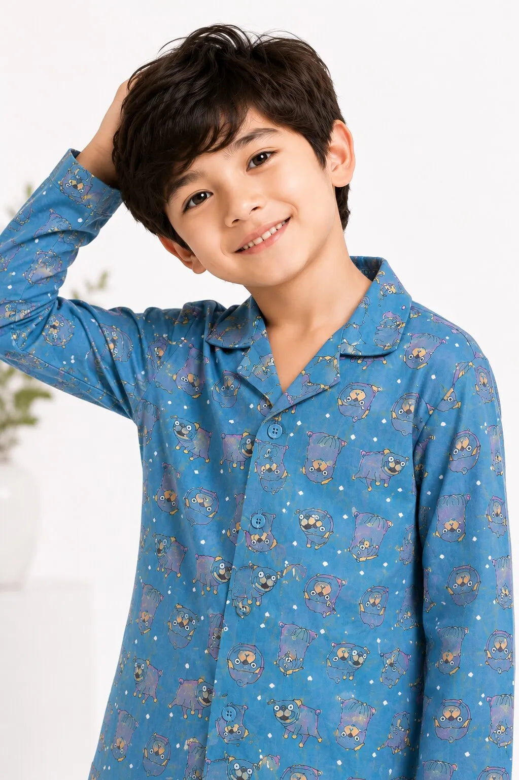 Teal Blue & Grey Hedgehog Print Pure Cotton Night Suit