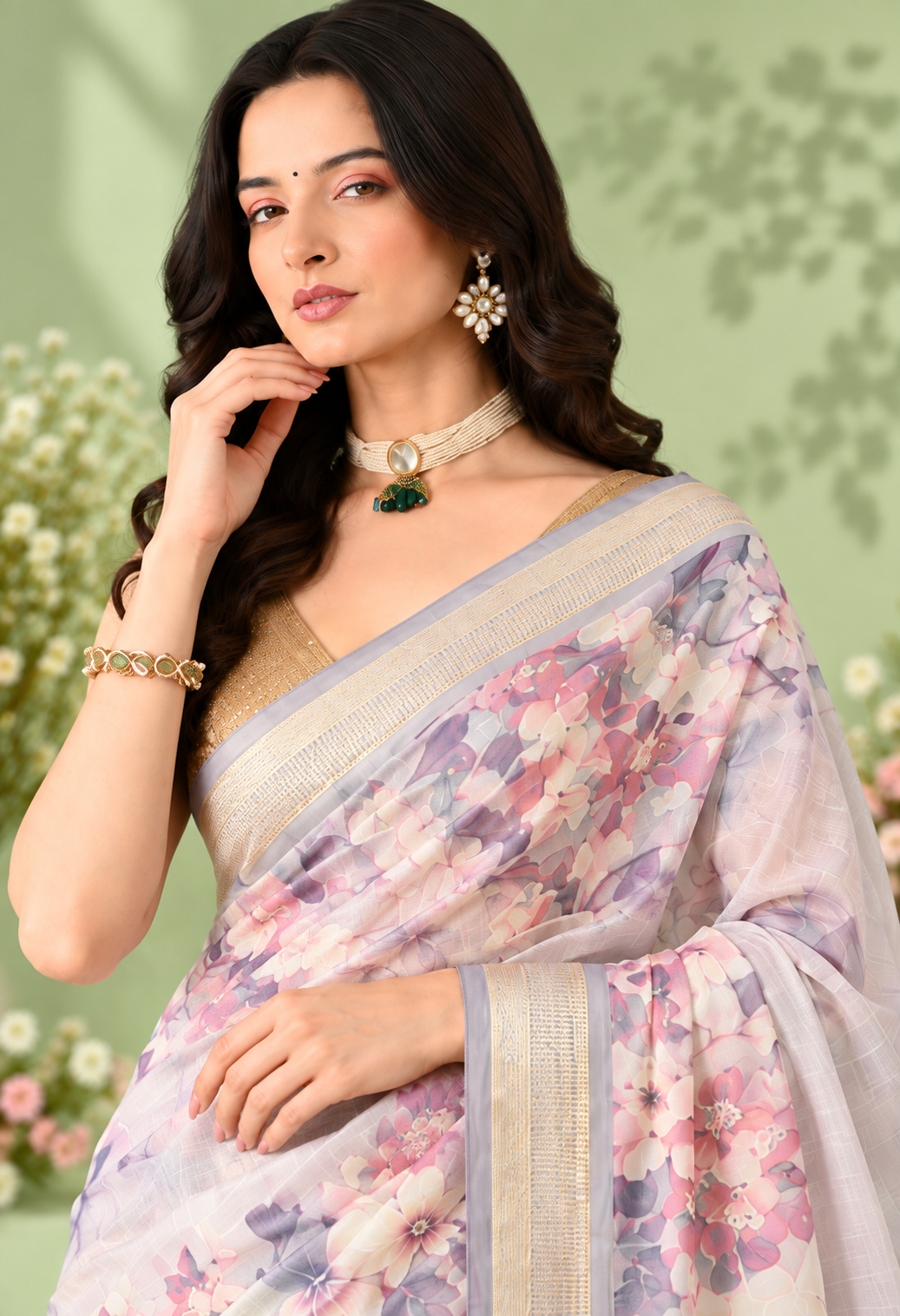 Elegant Ivory Floral Printed Saree with Soft Pastel Border
