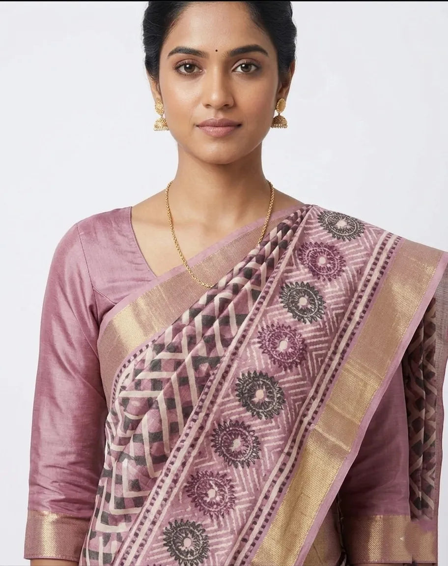 Mauve Silk Blend Geometric Printed Saree with Zari Border