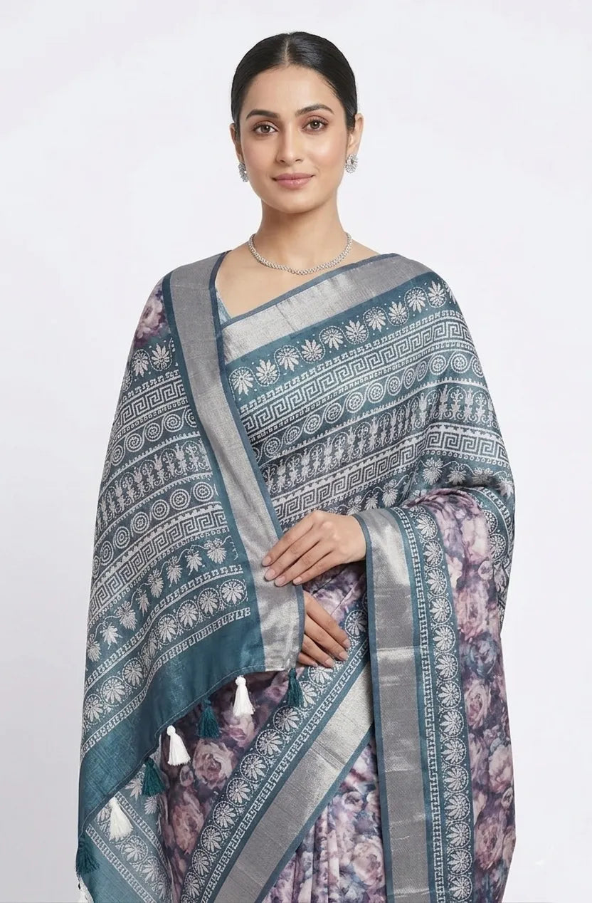 Blue Floral Printed Silk Blend Saree with Zari Border & Tassels