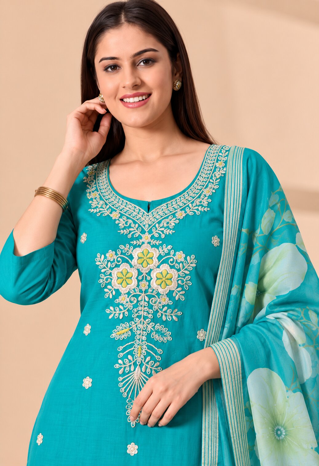 Teal Blue Chanderi Silk Embroidered Suit Set with Dupatta
