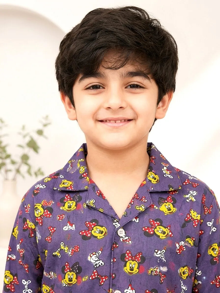 Kids Mauve & Yellow Character Print Night Suit
