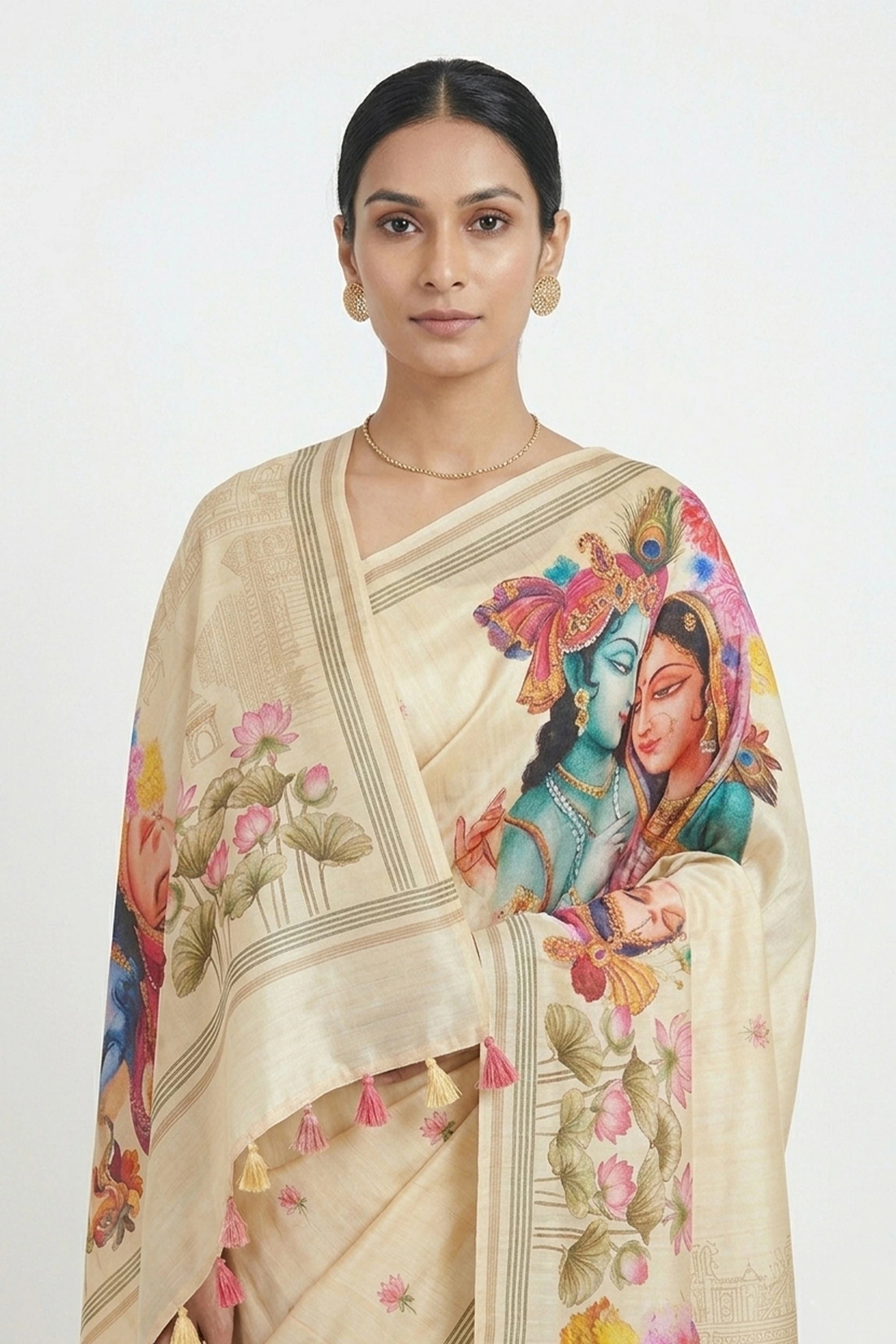 Cream Silk Blend Saree with Radha Krishna Digital Print & Tassels