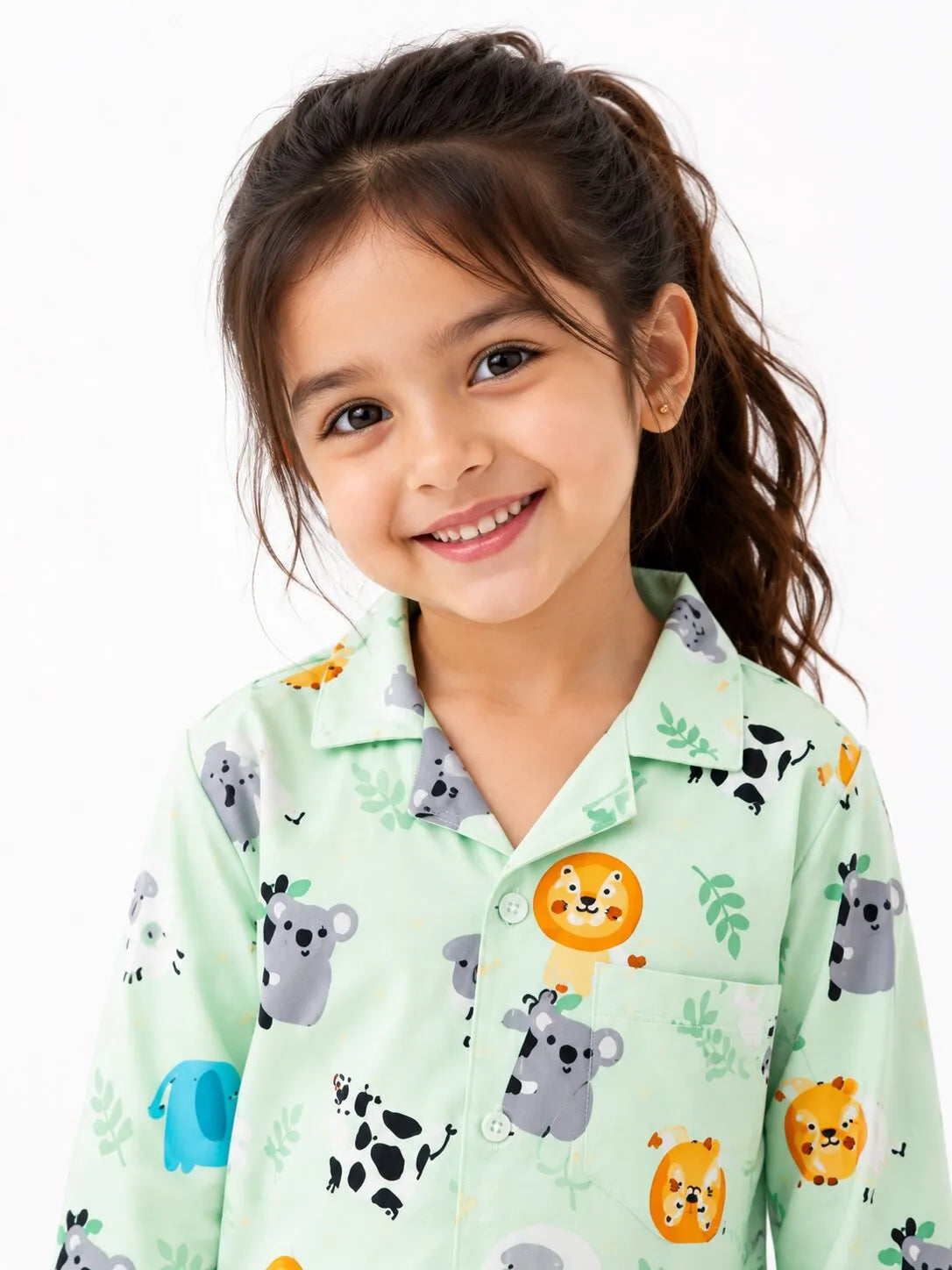 Kids Mint Green Animal Print Satin Nightsuit Set