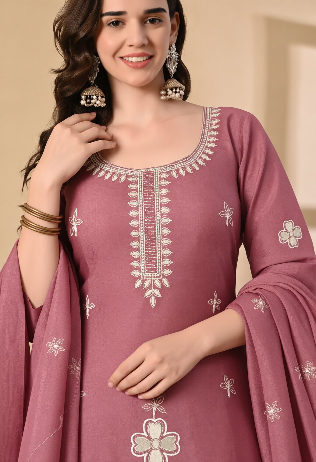 Dusty Rose Chanderi Silk Floral Embroidered Suit Set with Organza Dupatta