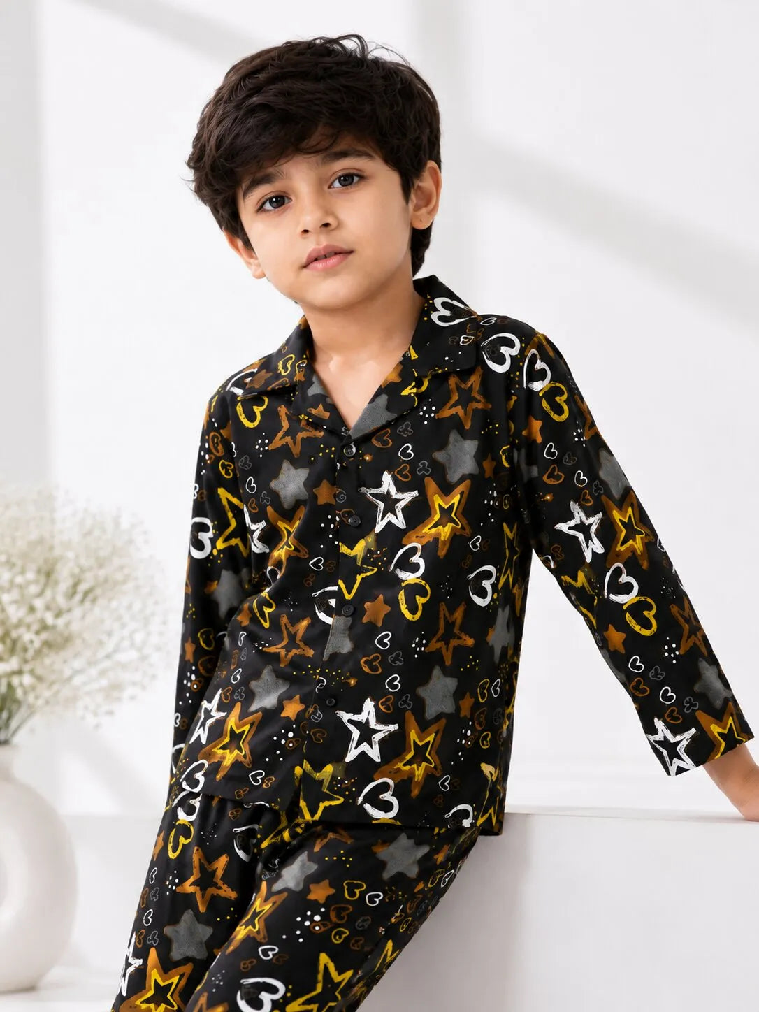 Boys Black & Yellow Star Printed Pure Cotton Night Suit