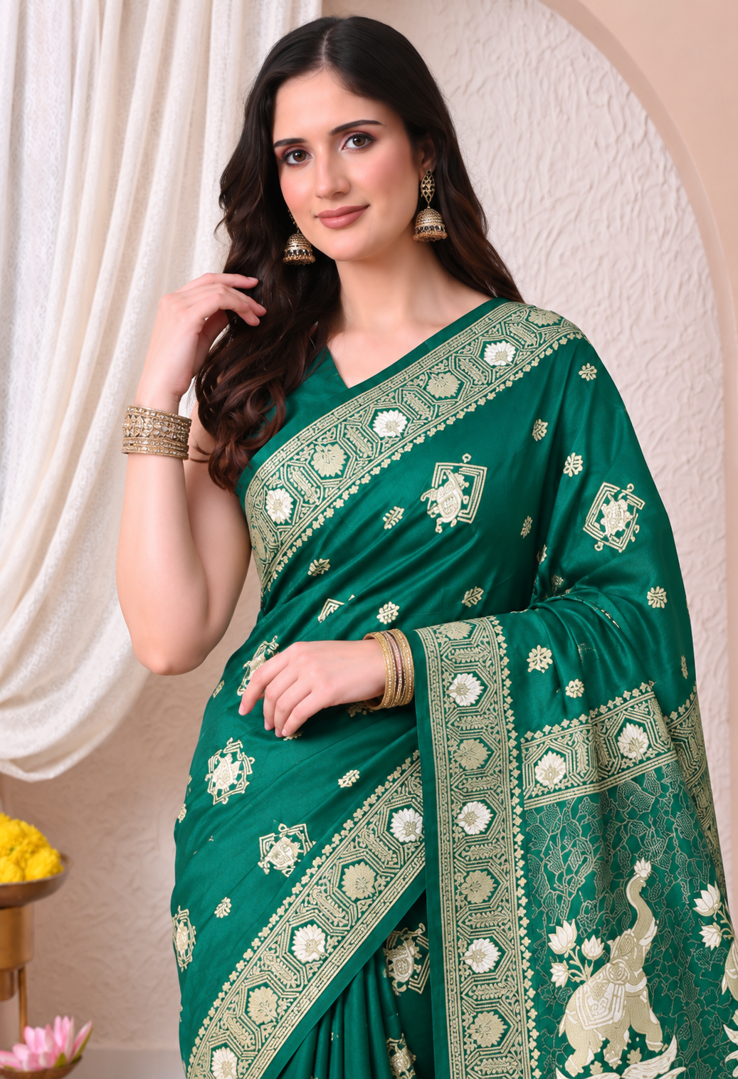 Elegant Bottle Green Silk Blend Saree with Traditional Floral Zari Work