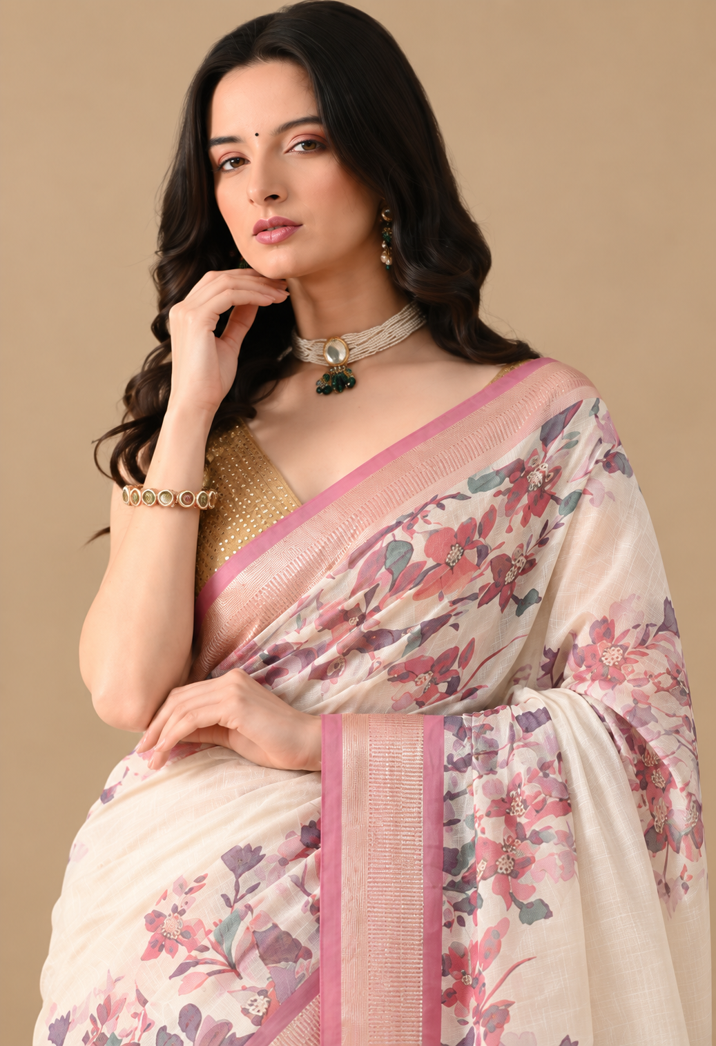 Elegant Ivory Floral Printed Saree with Blush Pink Border