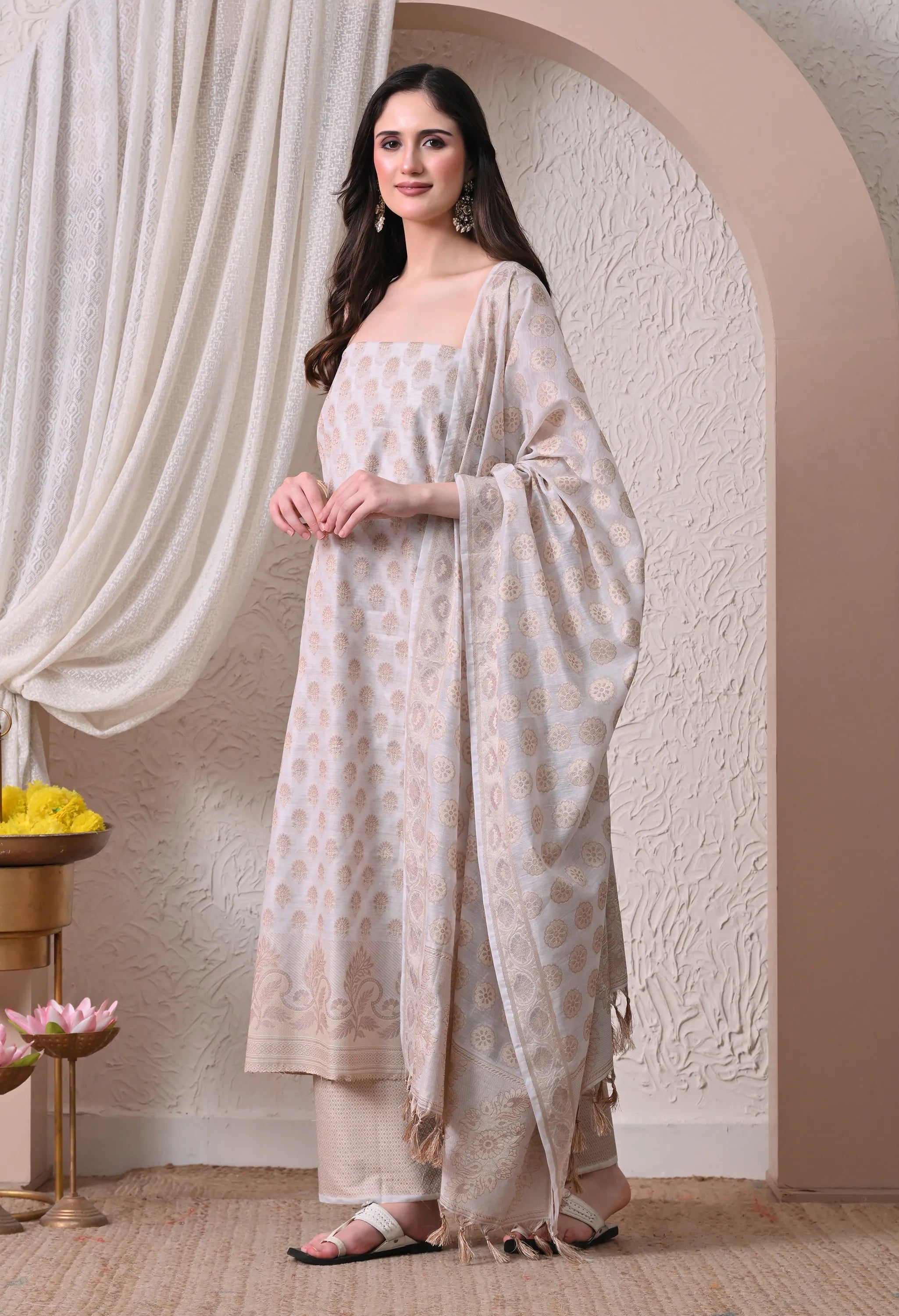 Elegant Off-White and Gold Woven Silk Unstitched Salwar Suit Material with Banarasi Style Dupatta