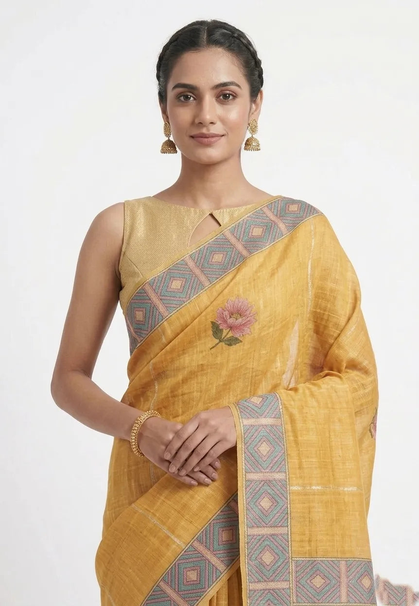 Women Mustard Yellow & Beige Floral Printed Pure Cotton Saree