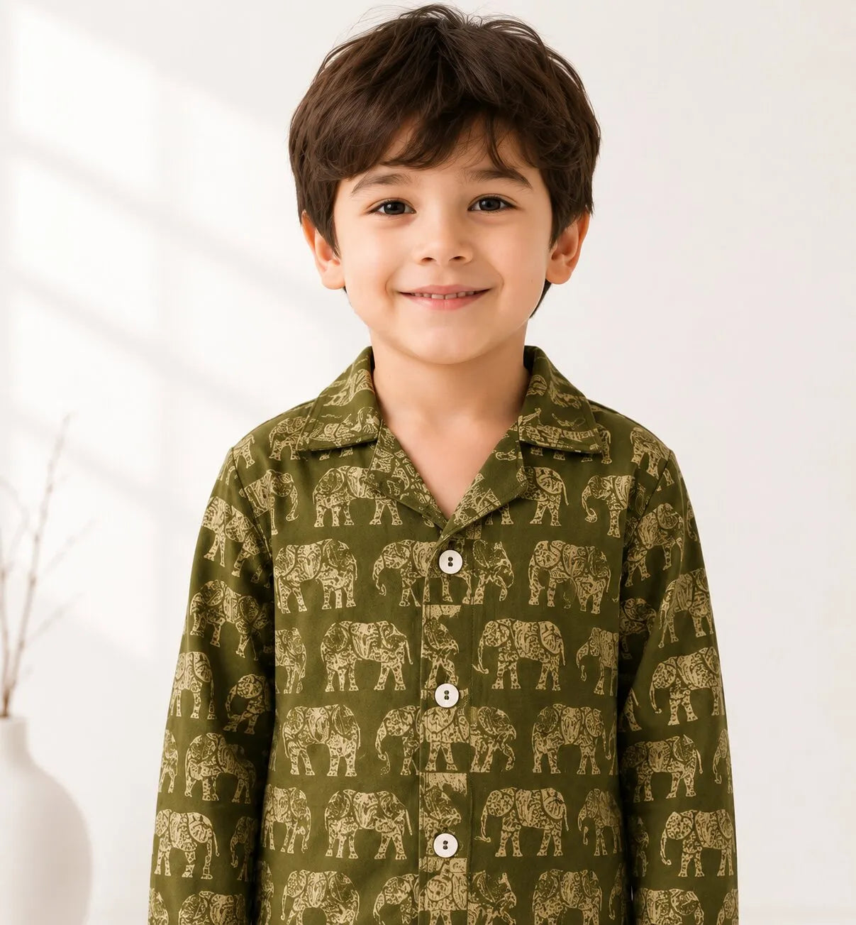 Kids Olive Green & Beige Elephant Print Cotton Lounge Set