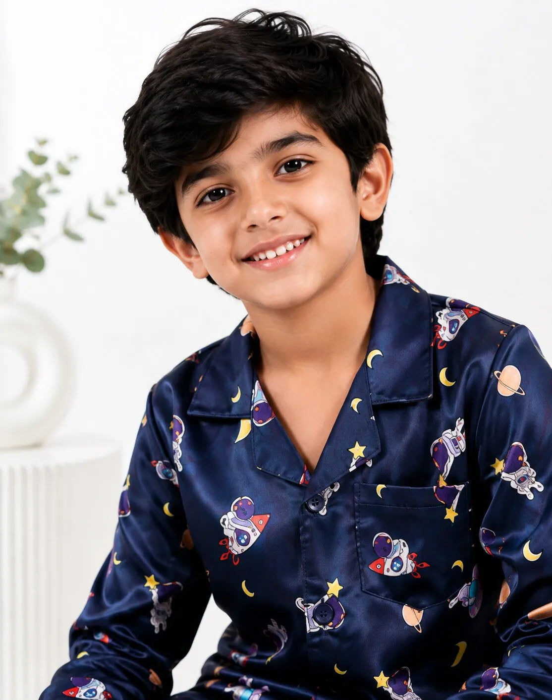 Kids Boys Navy Blue & Multi Satin Space Print Nightsuit Set
