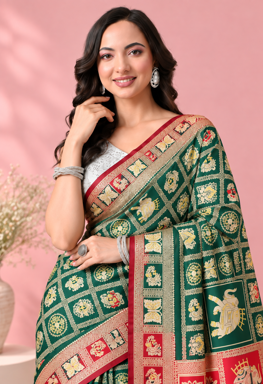 Elegant Green & Red Traditional Printed Saree with Intricate Ethnic Patterns
