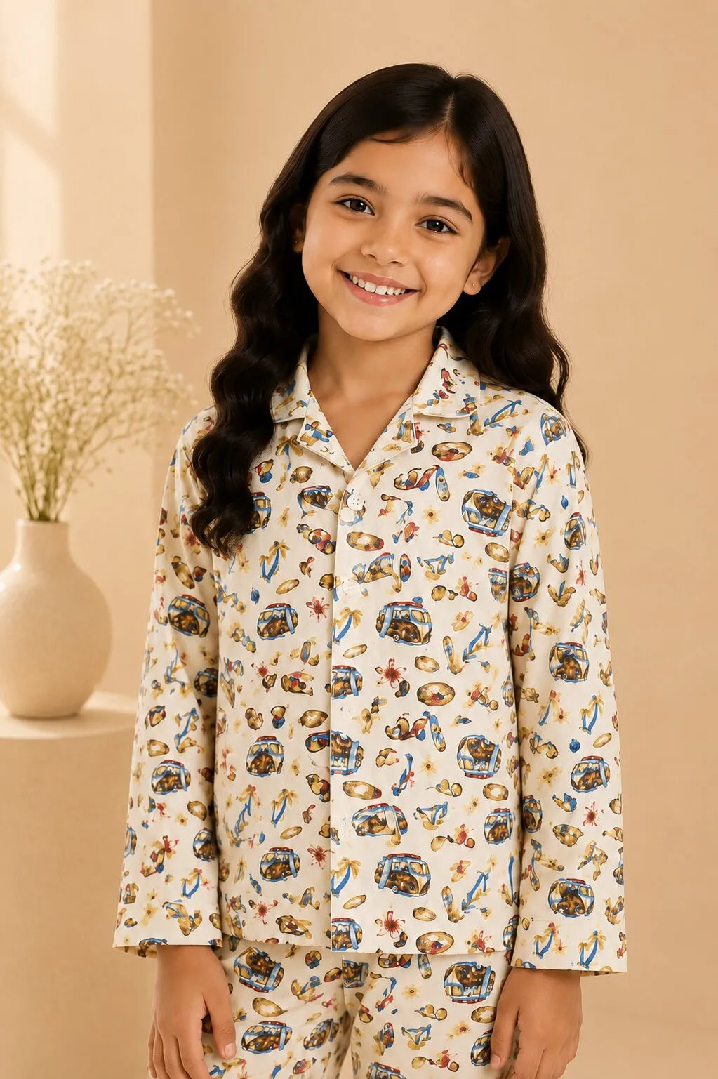 Girls Tropical Surf & Camper Print Cotton Night Suit