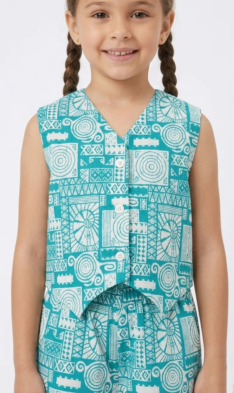 Girls Teal  Geometric Printed Pure Cotton Waistcoat Style Co-ord Set