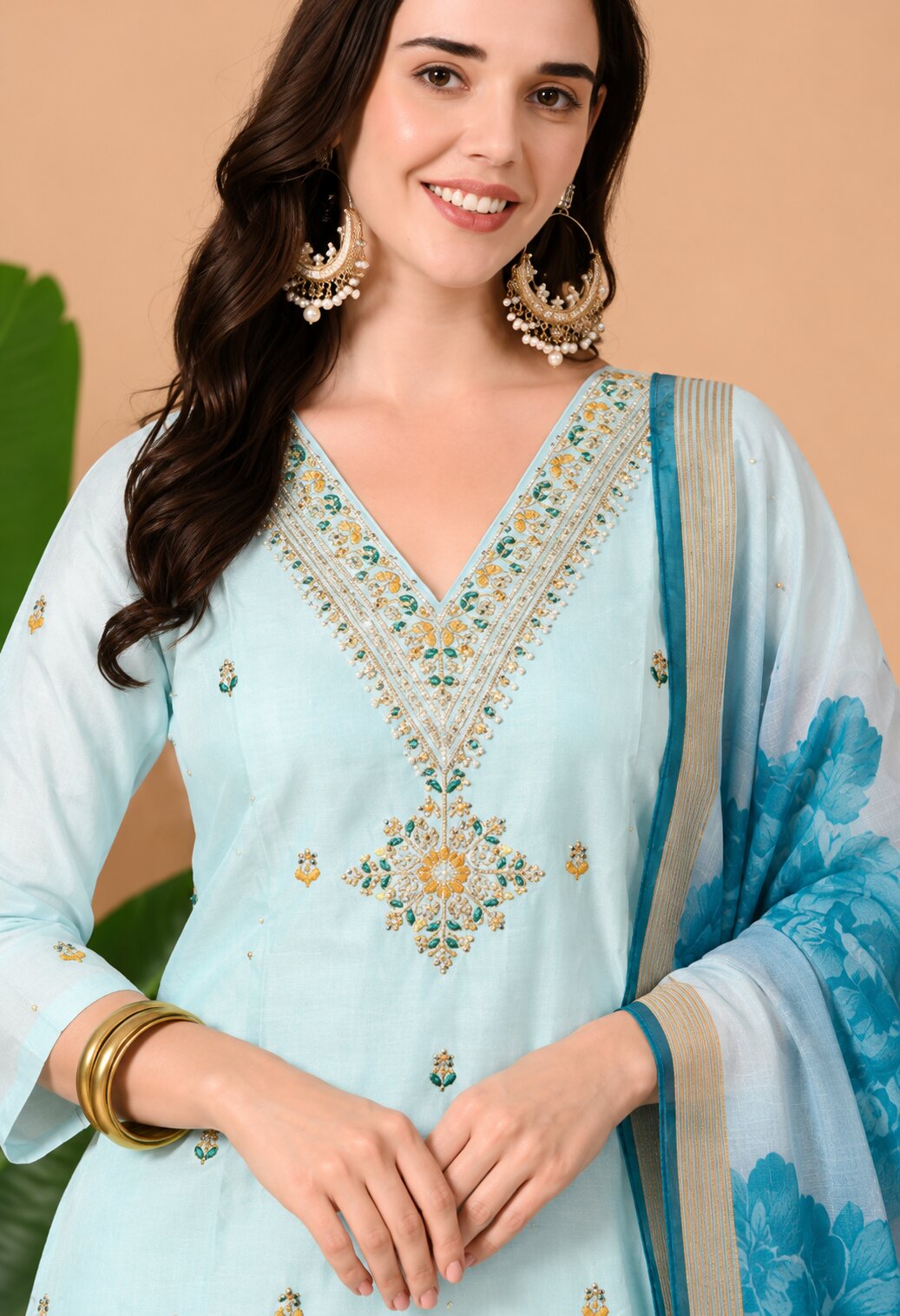 Light Blue Chanderi Silk Embroidered Suit Set with Blue Floral Organza Dupatta for Women