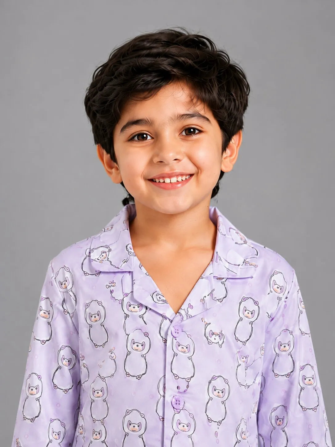 Boys Pink & White Cartoon Print Satin Night Suit Set