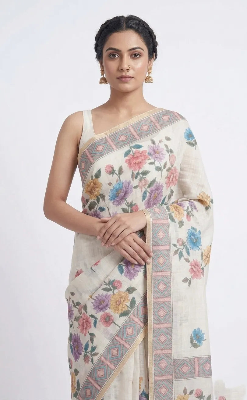 Floral Print Cotton Saree in Off-White and Pastels