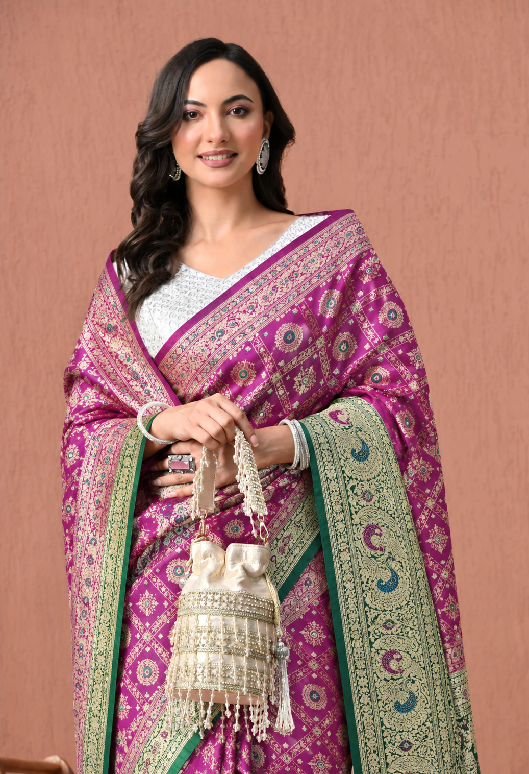 Elegant Magenta Printed Saree with Green Traditional Border & Pallu