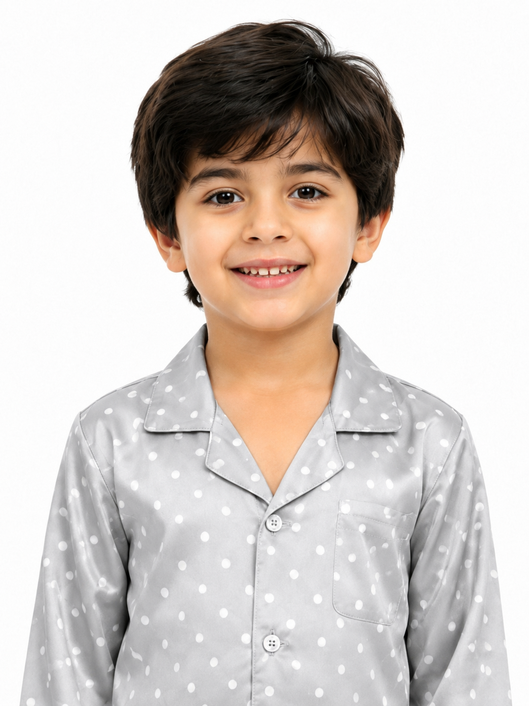 Kids Boys Grey Polka Dot Printed Satin Nightsuit Set