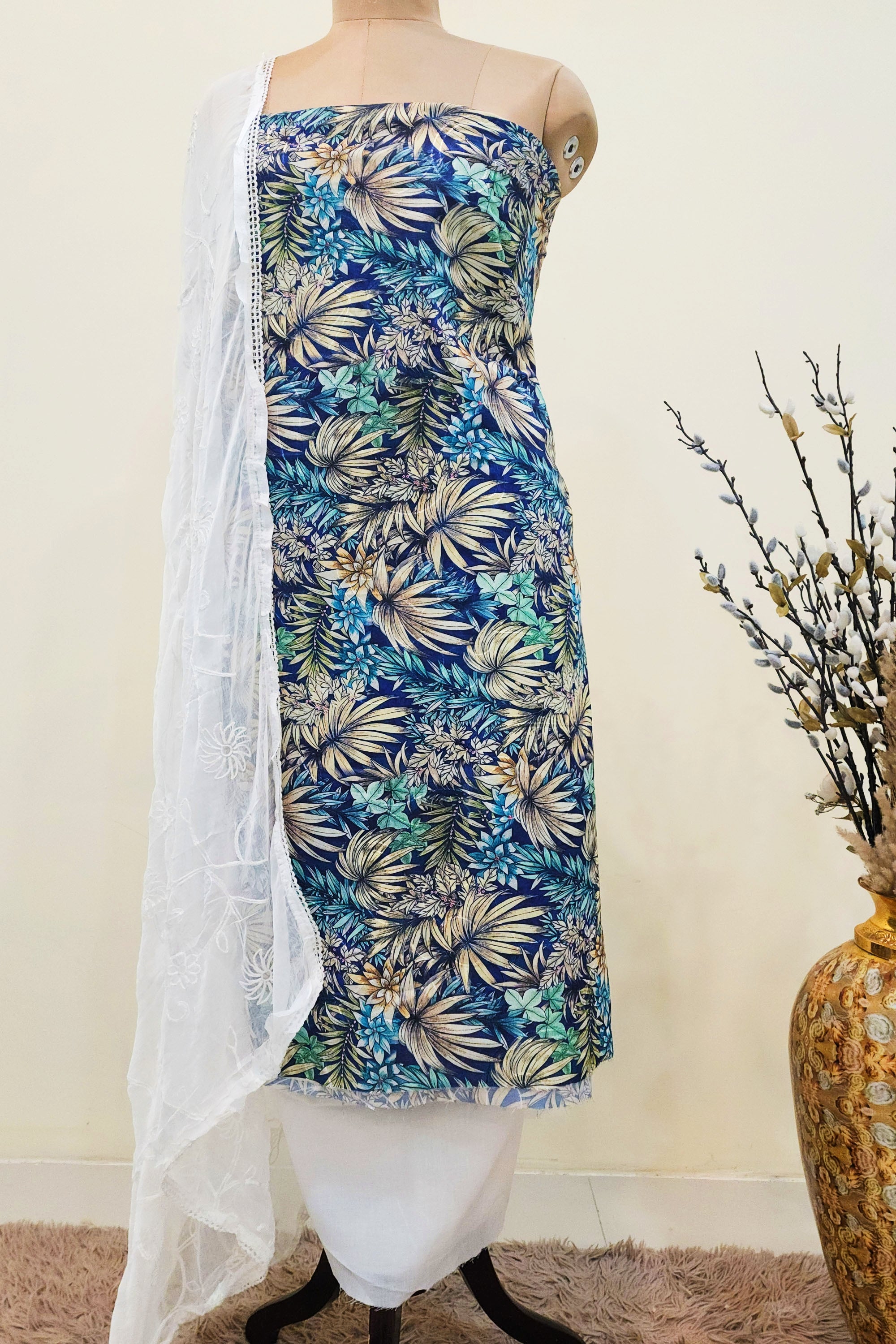 Women's Blue & Cream Floral Printed Unstitched Salwar Suit Set