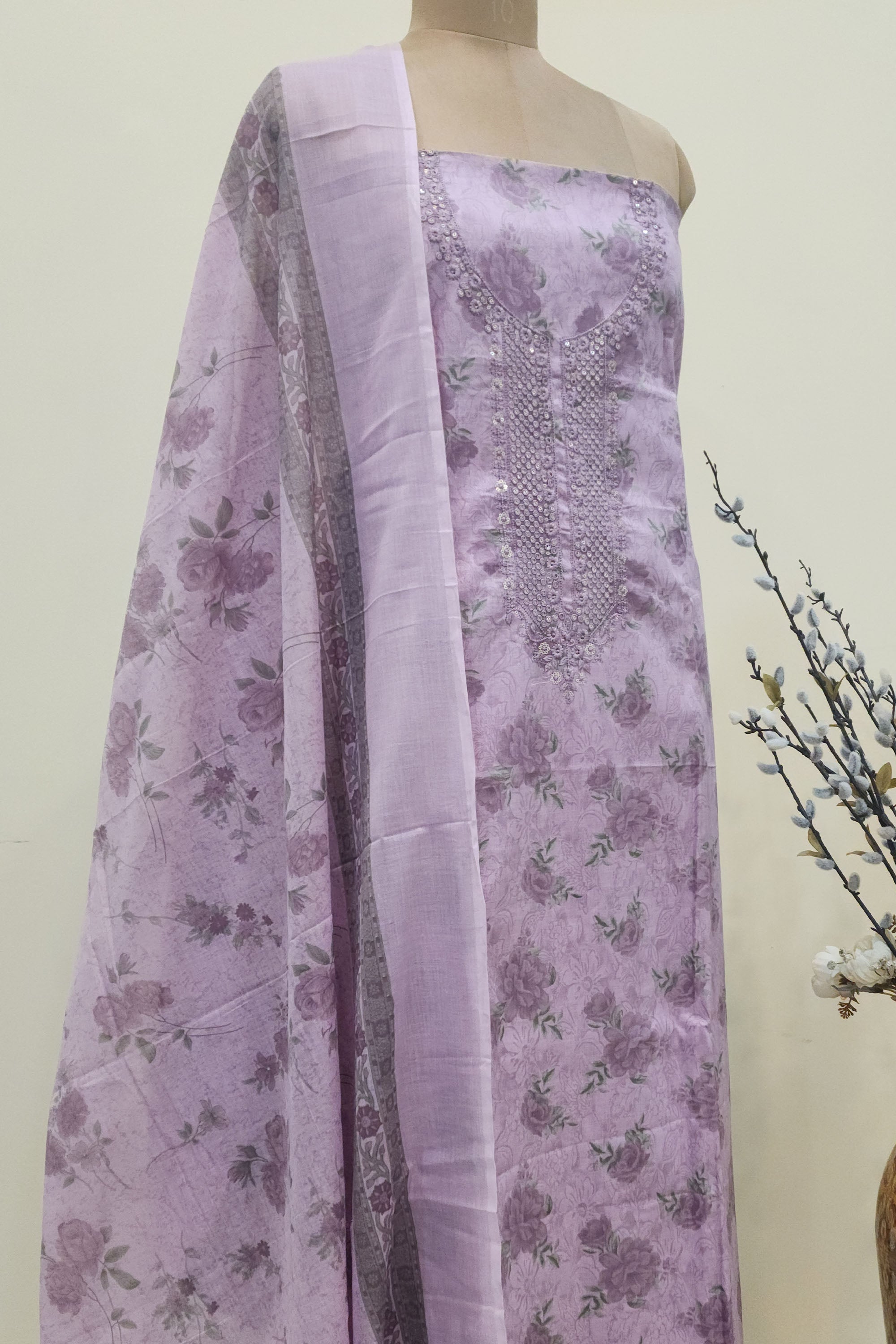 Women's Pure Cotton Lavender Floral Print Unstitched Suit Set