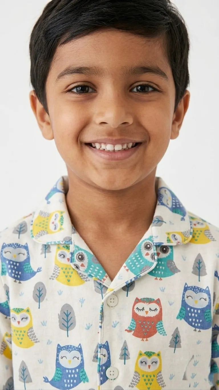 White & Blue Owl Print Pure Cotton Night Suit