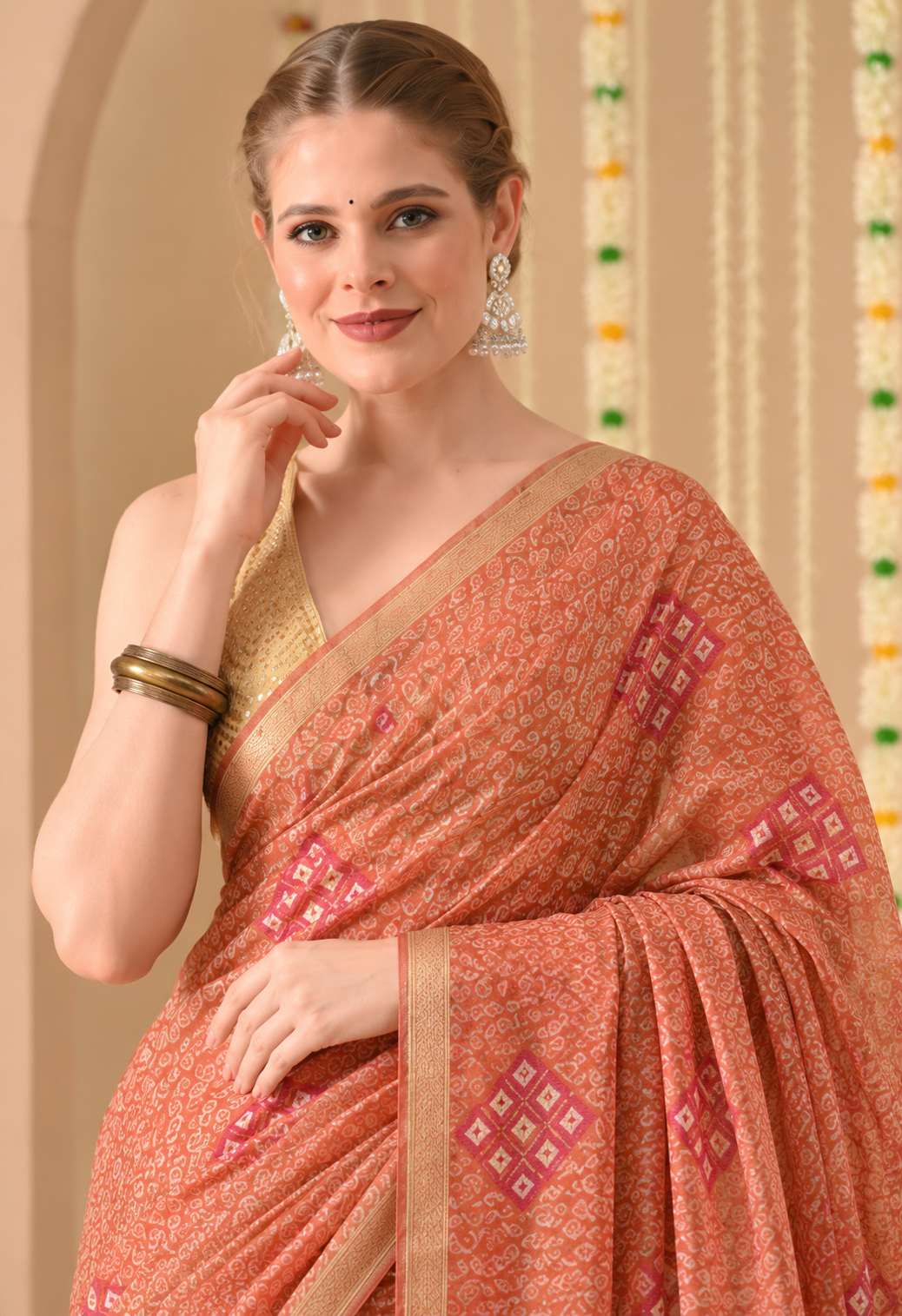 Elegant Rust Orange Chiffon Saree with Traditional Printed Motifs