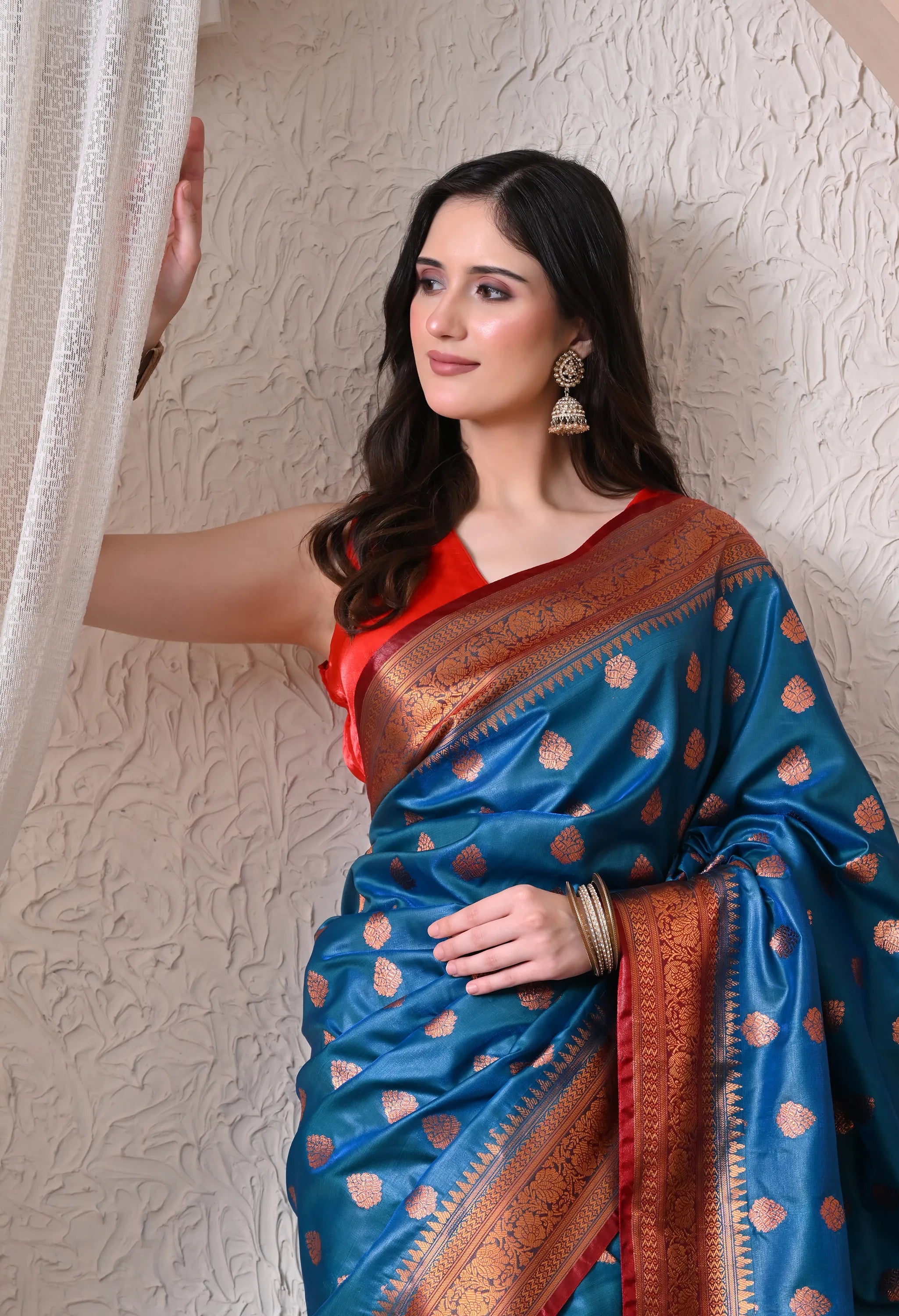 Silk Blend Saree in Peacock Blue & Crimson Red
