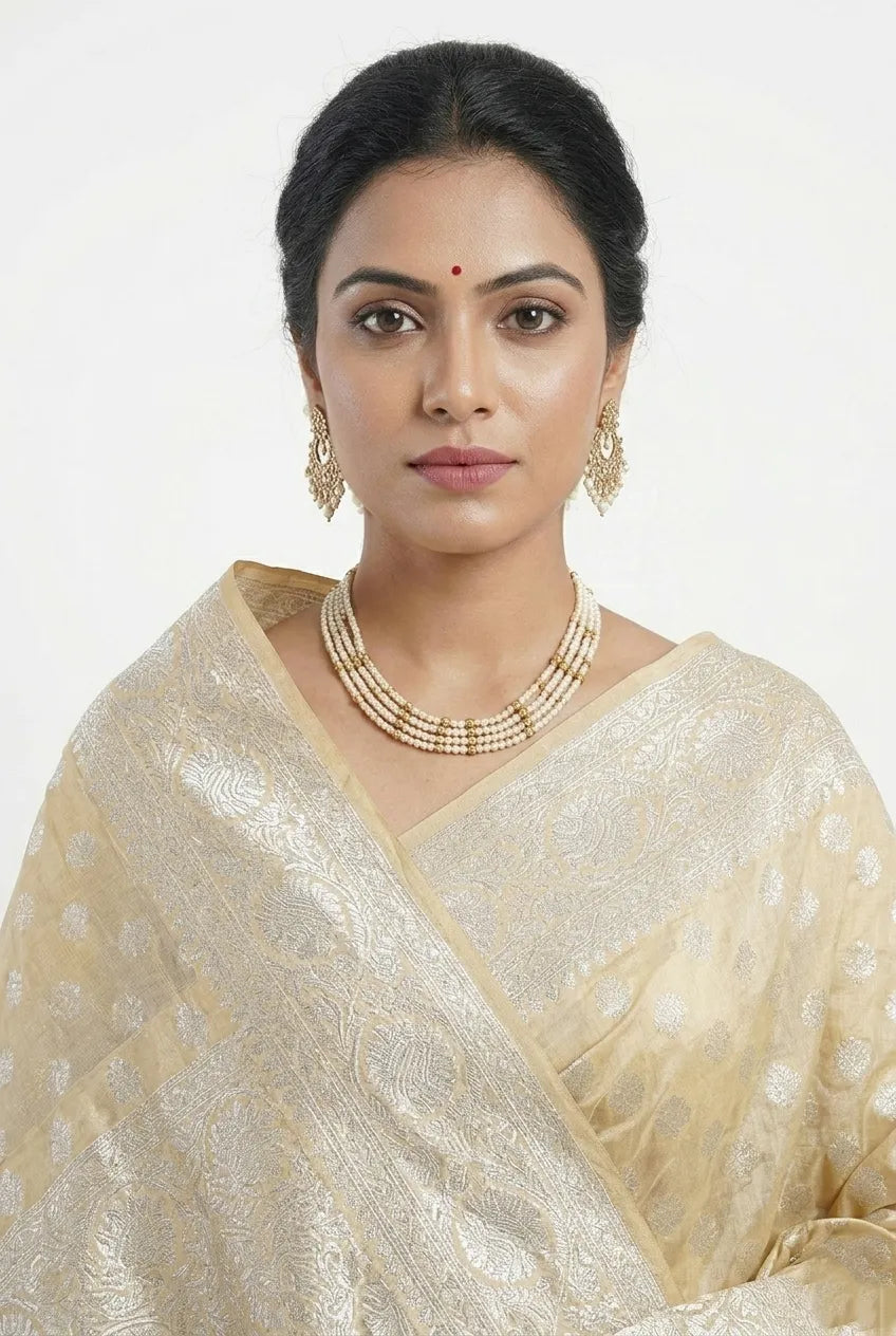 Cream & Gold Woven Design Banarasi Silk Saree