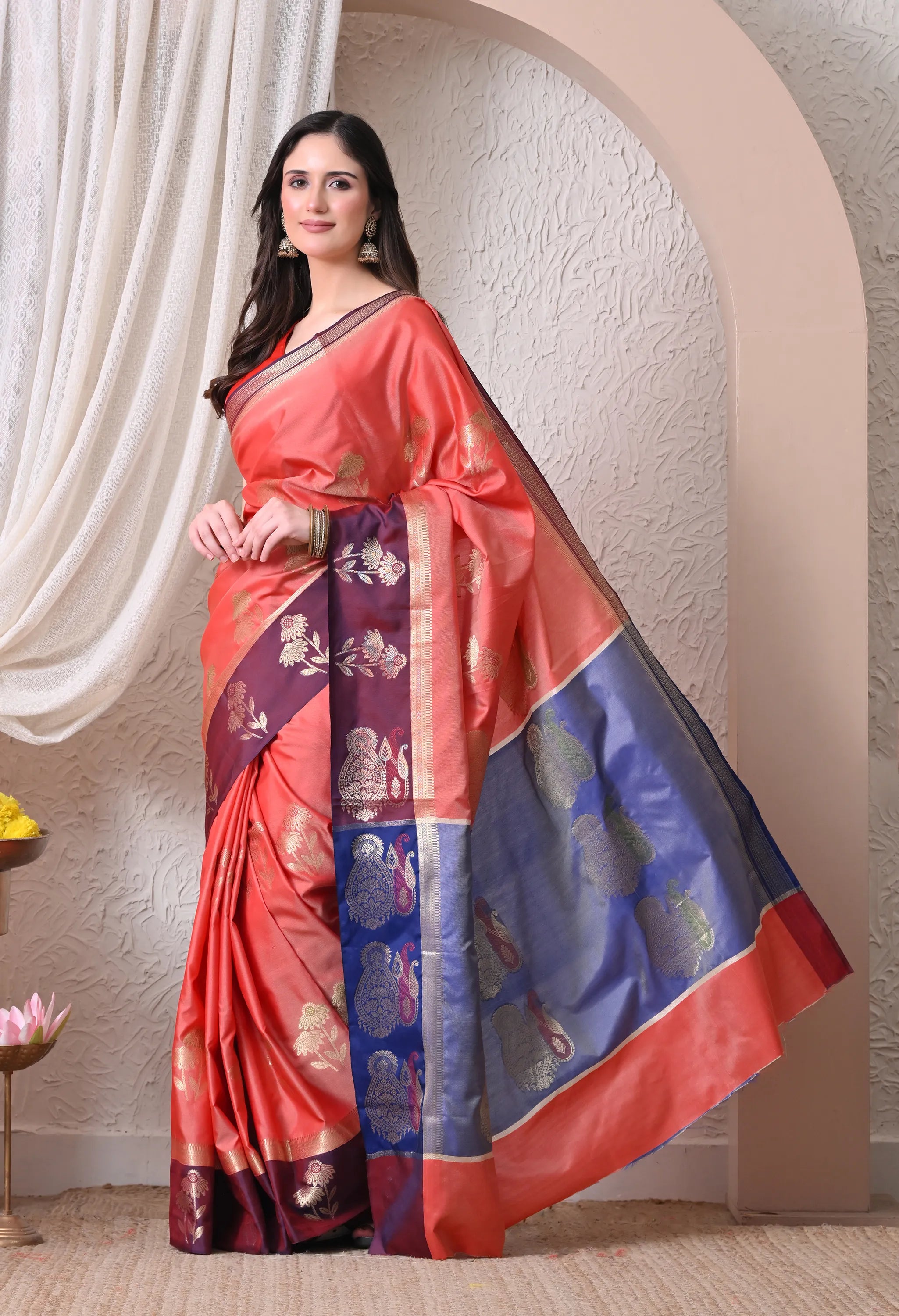 Vibrant Peach-Coral and Deep Wine Silk Blend Saree