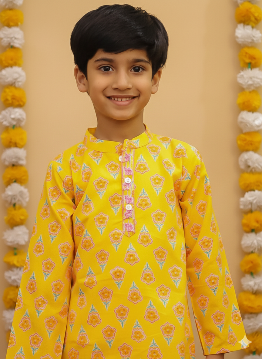 Boys' Yellow Cotton Floral Print Kurta Pajama Set | Traditional Indian Ethnic Wear for Kids | Festive, Wedding & Party Outfit