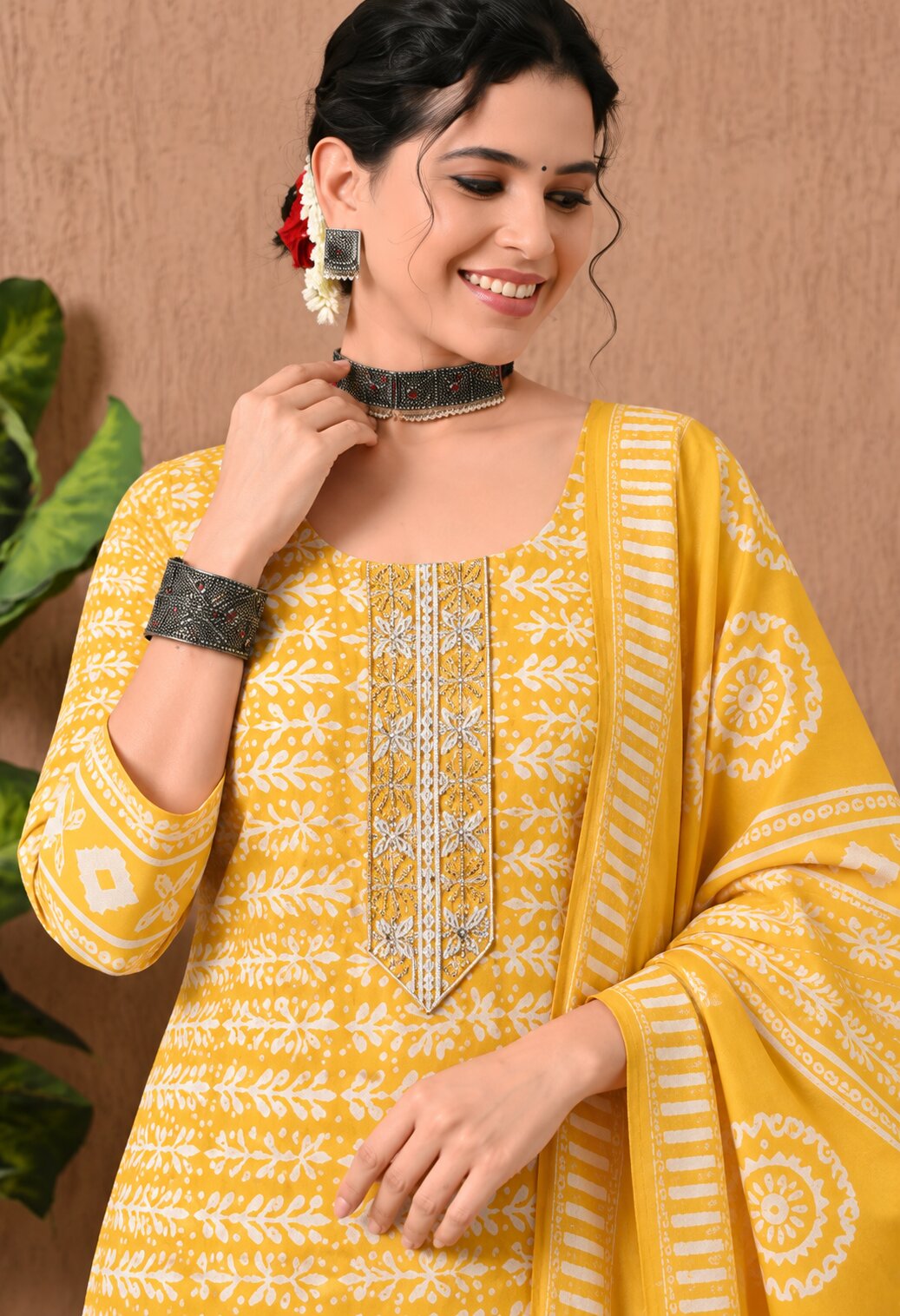 Mustard Yellow Cotton Printed Suit Set with Matching Cotton Dupatta for Women