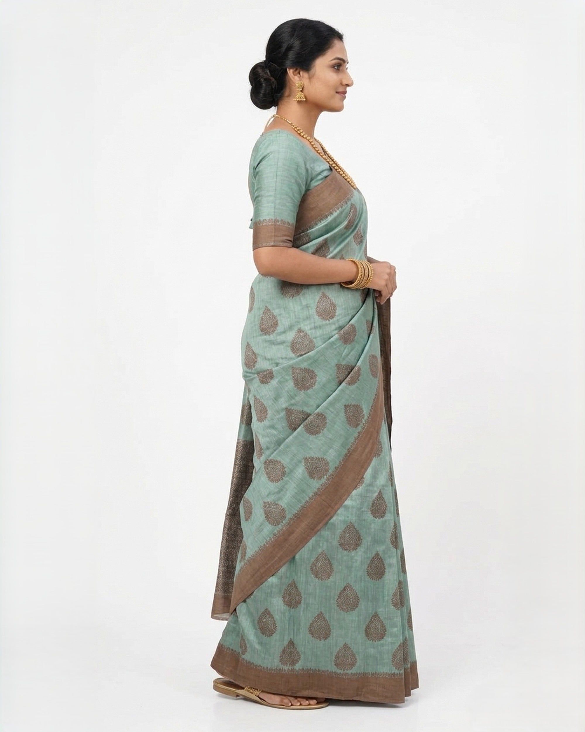 Sea Green & Brown Cotton Silk Woven Design Paisley Saree