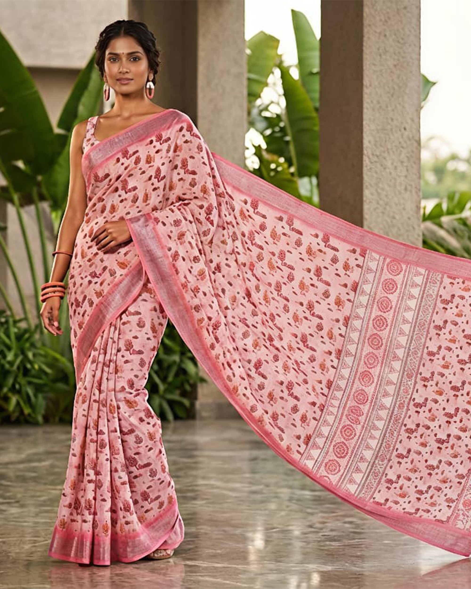 Pink & Red Floral Printed Pure Cotton Saree with Zari Border