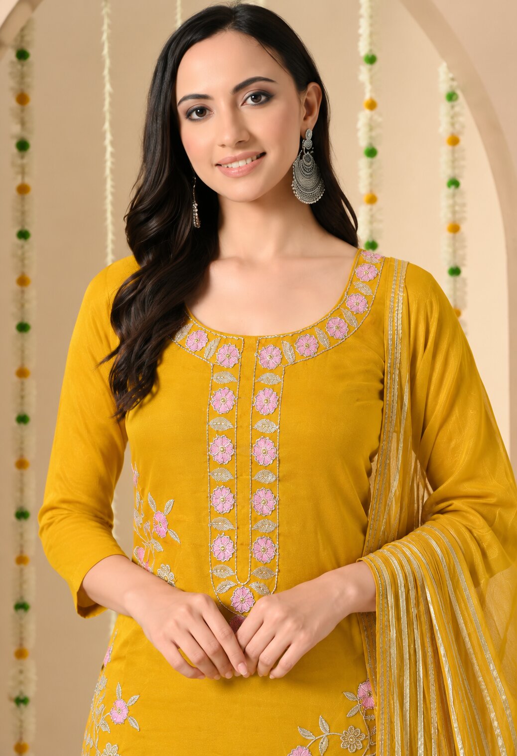 Mustard Yellow Chanderi Silk Embroidered Kurta Set with Organza Dupatta