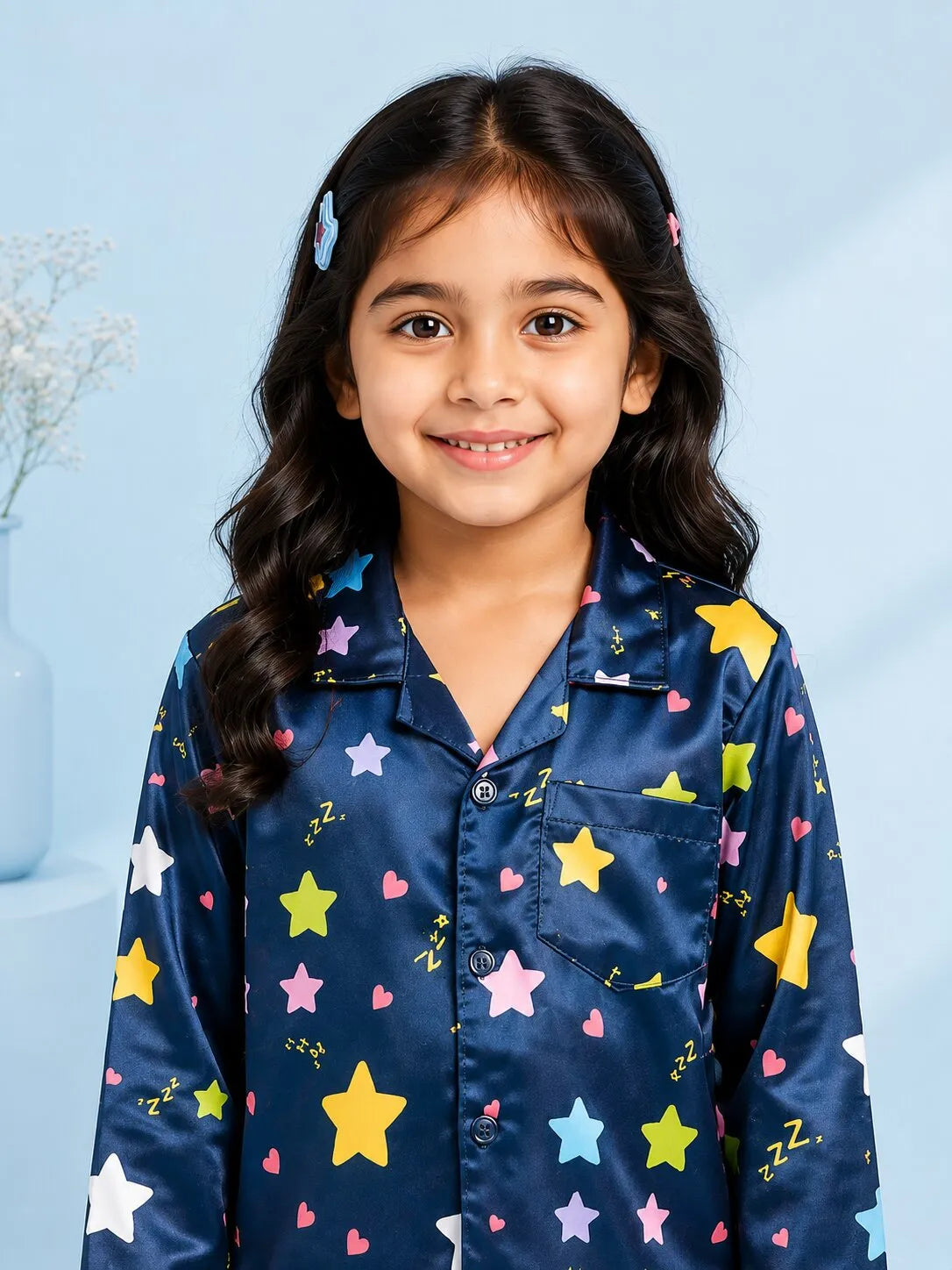 Girls Navy Blue & Multi-Colored Star Print Satin Night Suit