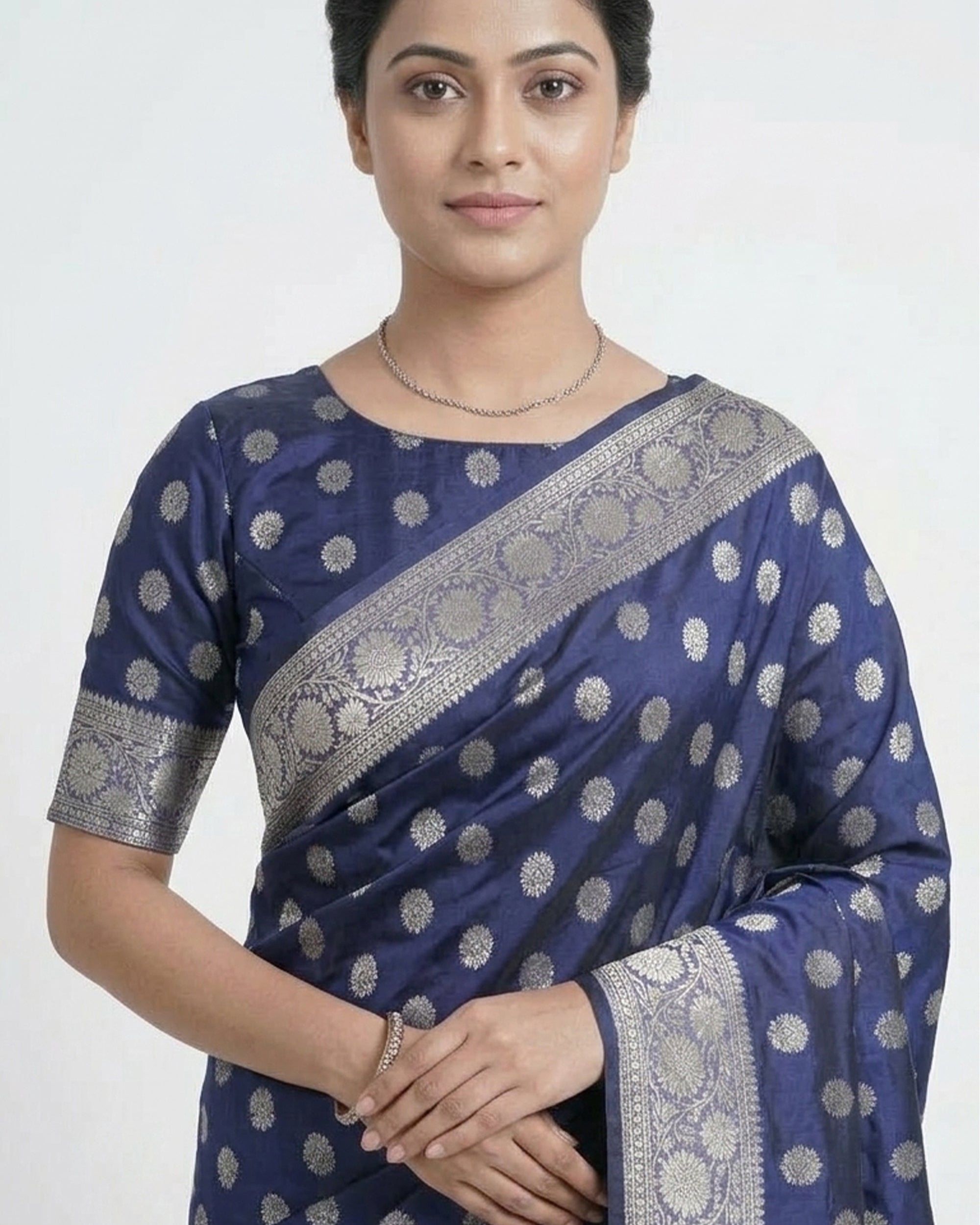 Navy Blue & Silver-Toned Floral Woven Design Zari Silk Saree
