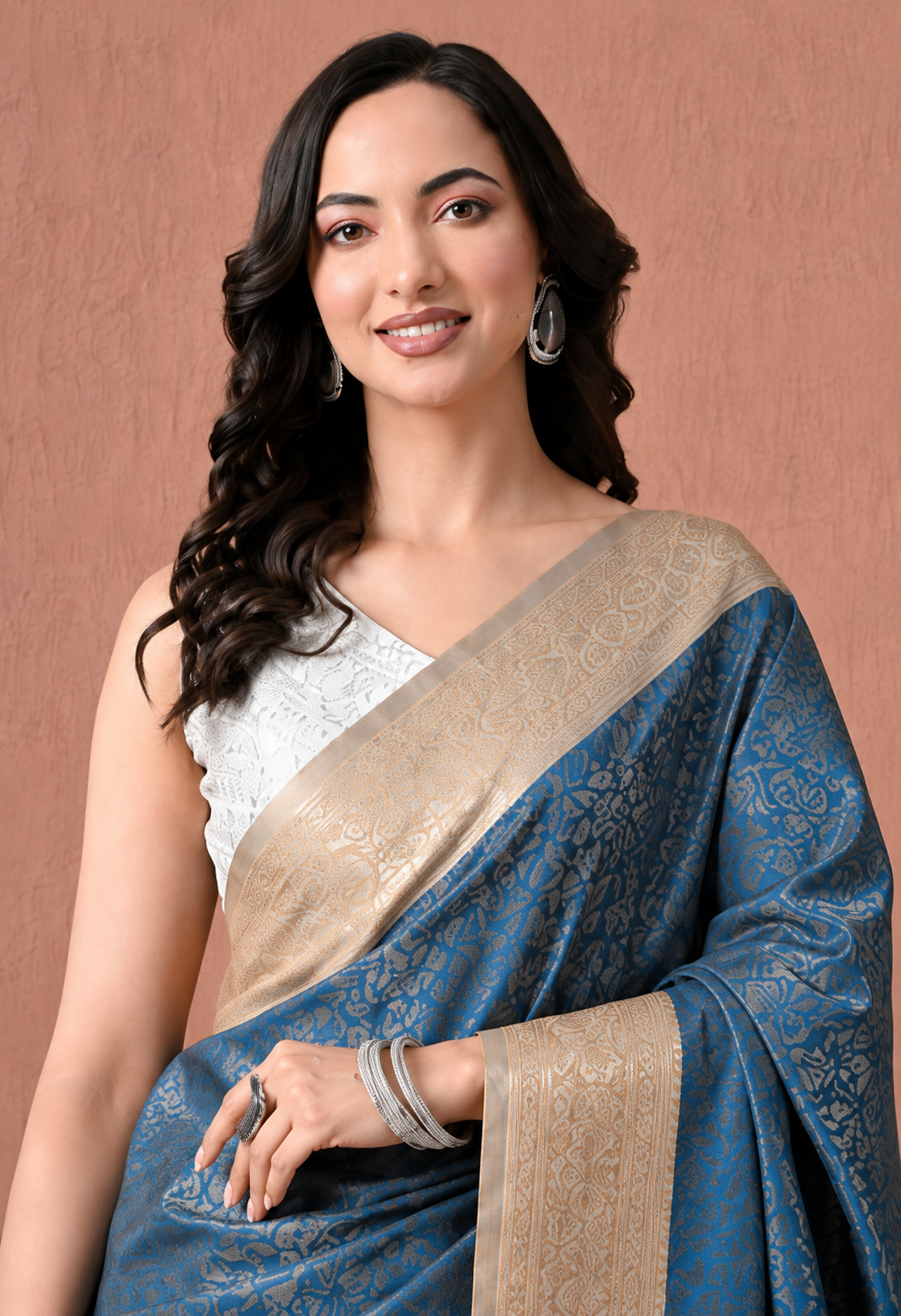Teal Blue Art Silk Woven Saree with Gold-Tone Floral Motifs & Zari Border