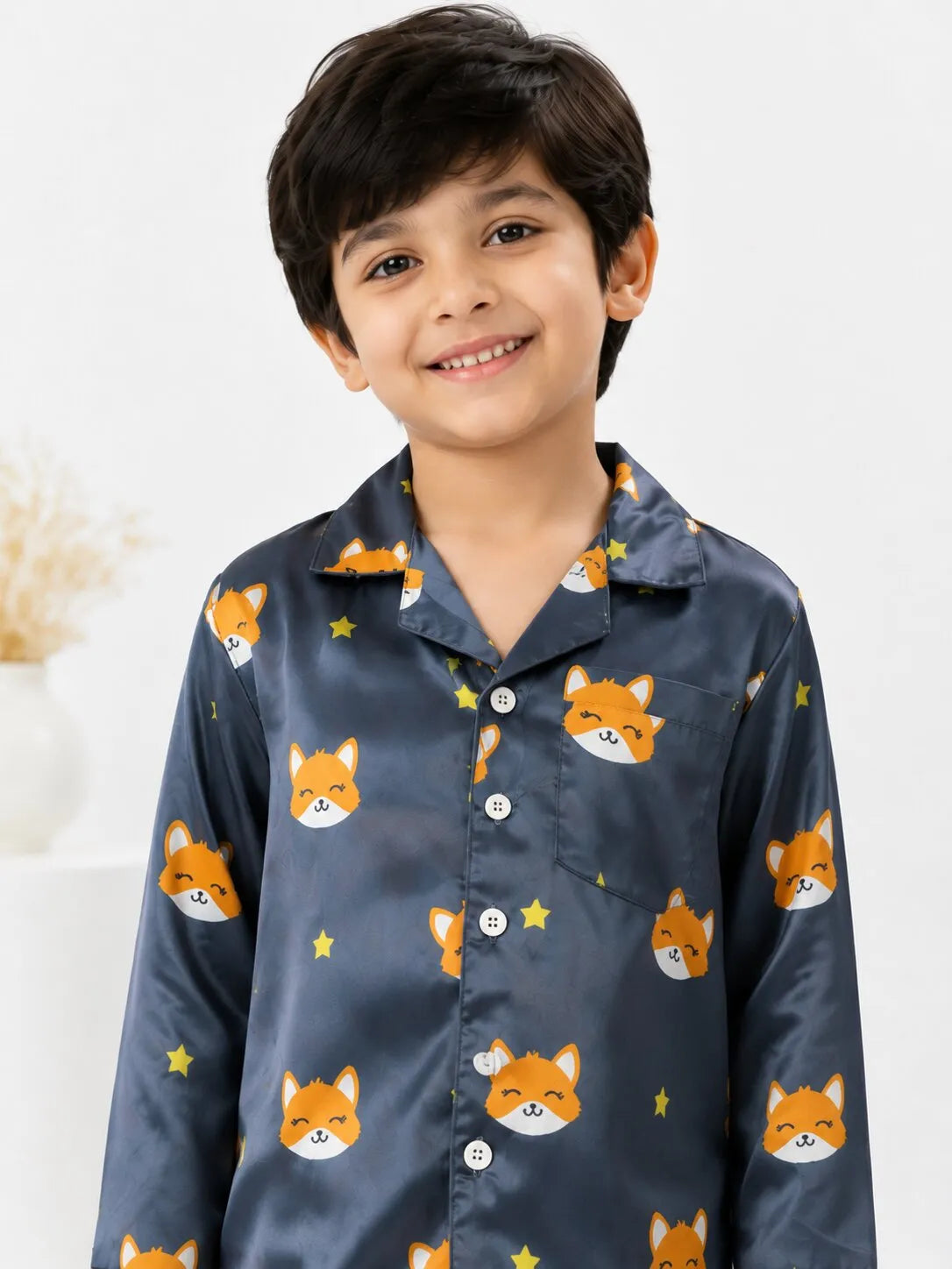 Kids Navy Blue Fox Print Satin Pajama Set