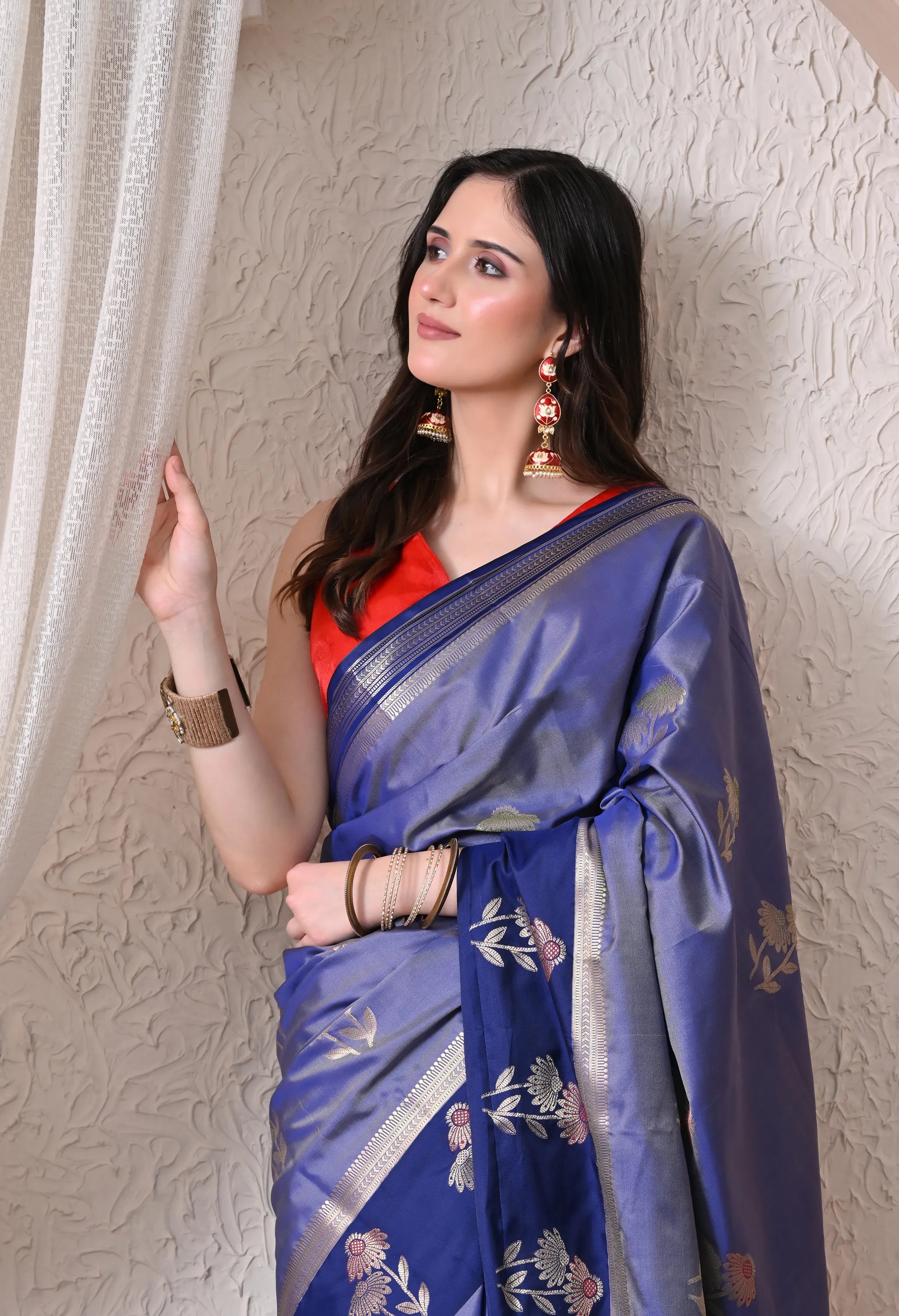 Regal Royal Blue and Navy Silk Blend Floral Banarasi Style Saree
